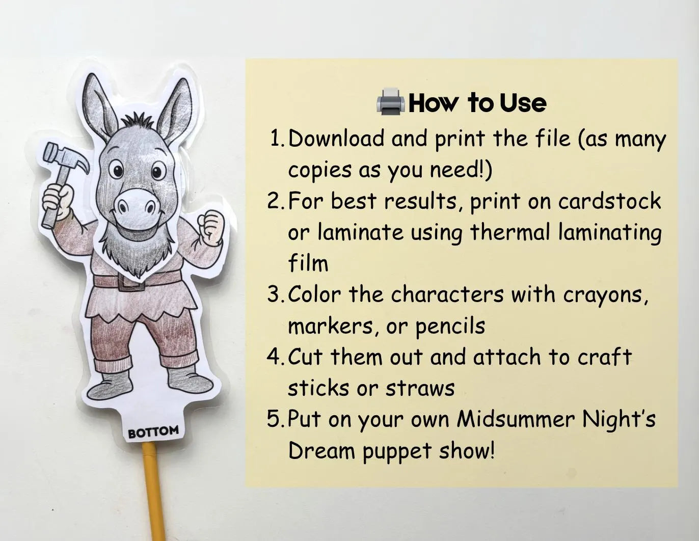 Midsummer Night’s Dream Paper Puppets ｜Shakespeare Coloring Craft , Printable Drama Activity for Kids, Classroom or Homeschool
