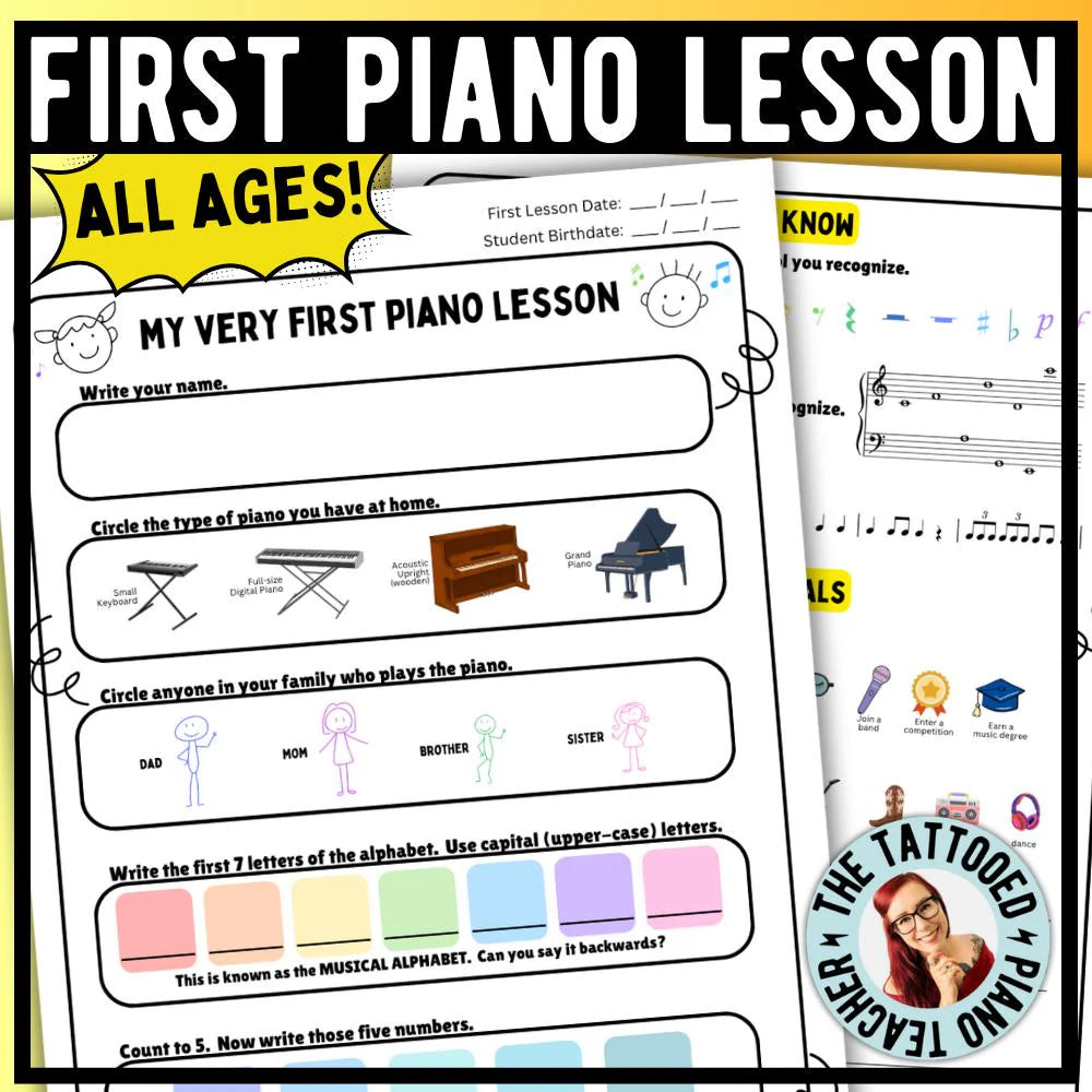 First Piano Lesson Interview Worksheet | New Piano Student Survey | 3 Versions for All Ages