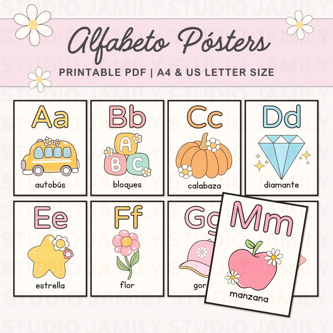 Printable Spanish Alphabet Poster, Alfabeto Español Abecedario Para Niños Para Imprimir PDF, Alfabeto Ilustrado Para La Educación