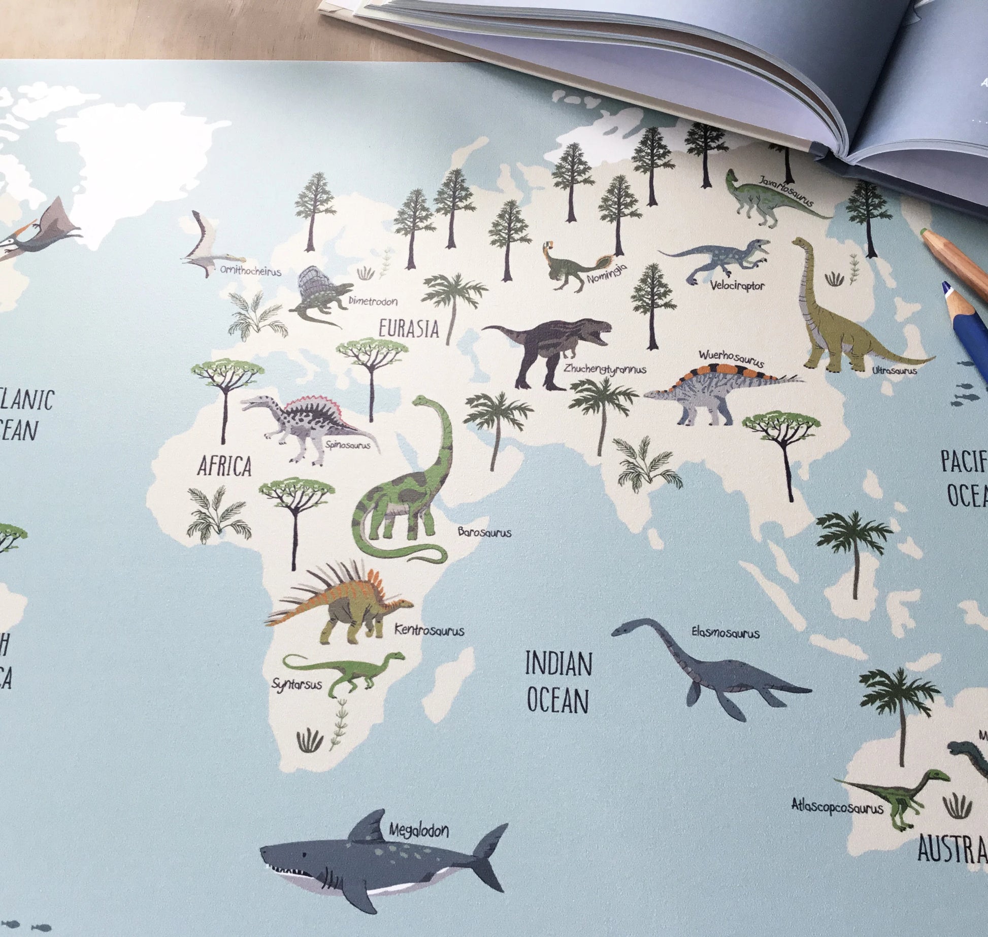 Children's desk pad dinosaur world map; washable