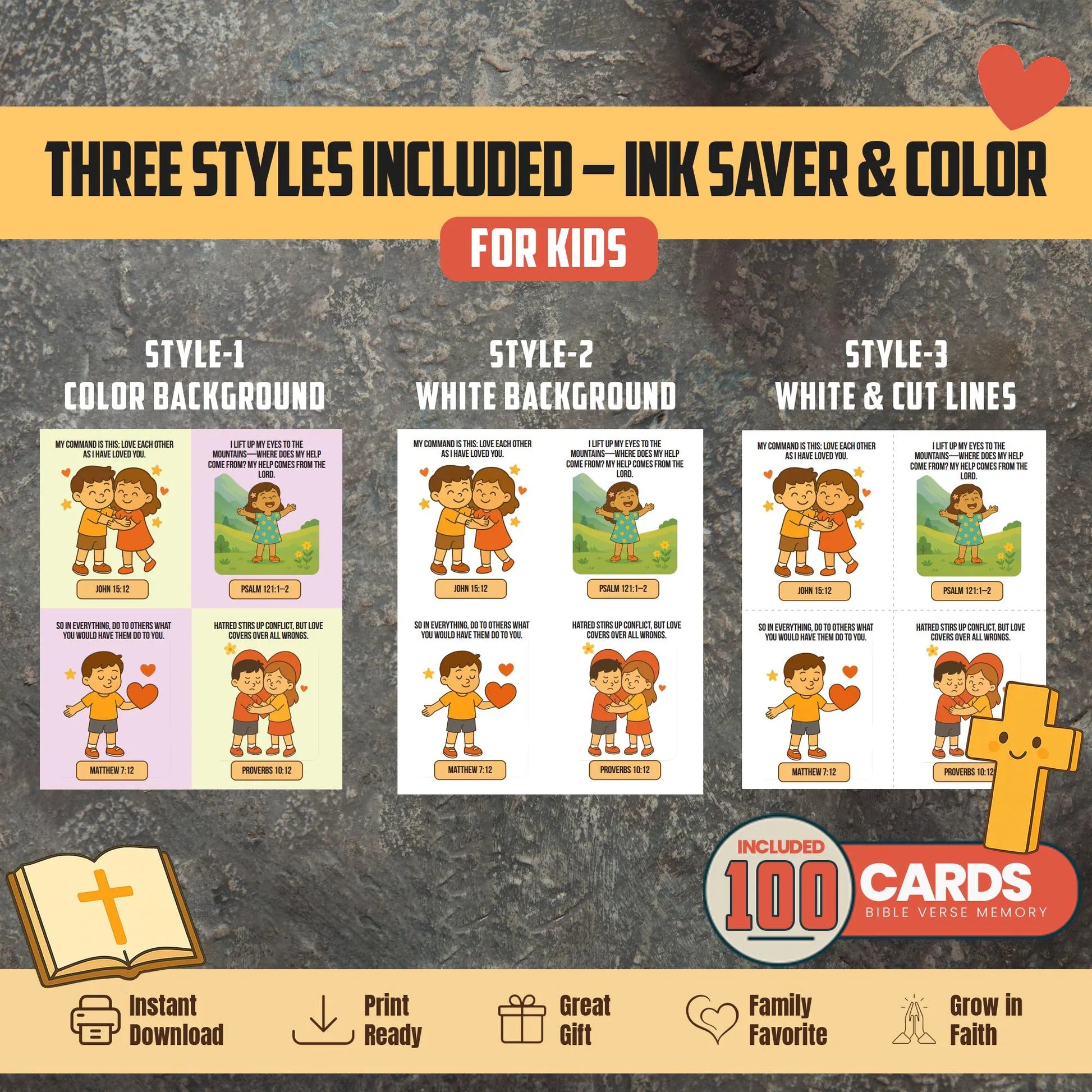 Bible Verse Memory Cards for Kids – 100 Printable Scripture Cards with Illustrations | Christian Learning Activity | Sunday School