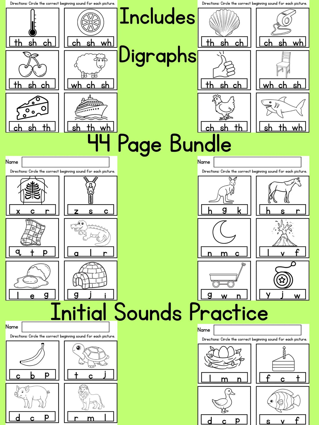 Beginning Sounds Worksheets Bundle 44 Pages Phonological Awareness Activities Initial Sound Digraphs Cutting & Gluing Coloring