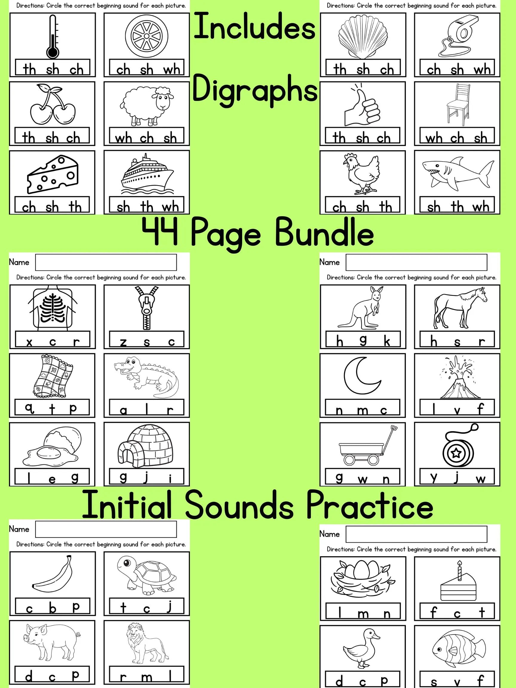 Beginning Sounds Worksheets Bundle 44 Pages Phonological Awareness Activities Initial Sound Digraphs Cutting & Gluing Coloring