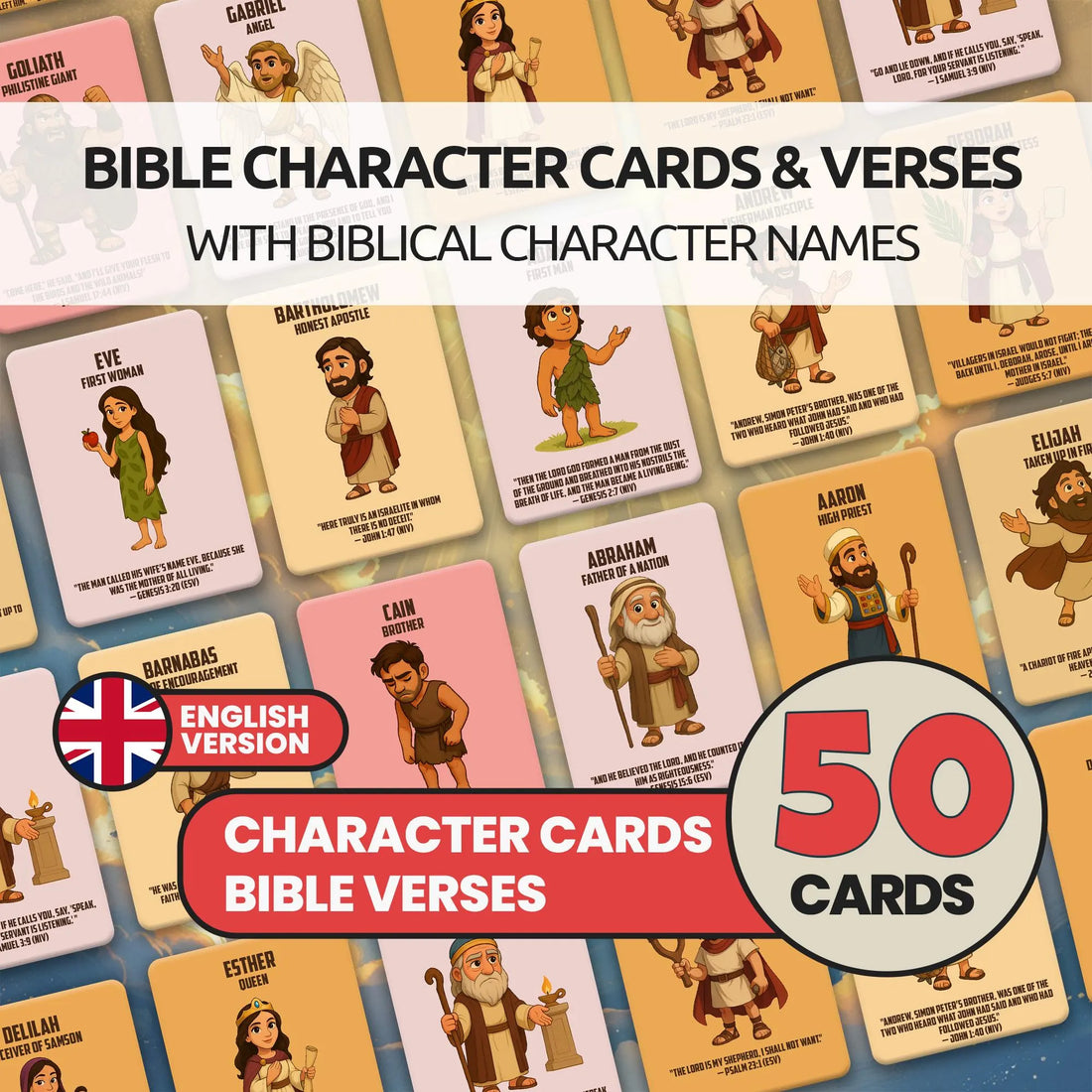 Bible Character Cards for Kids – Printable Christian Flashcards with Verses | Faith Learning Tool for Families & Sunday School