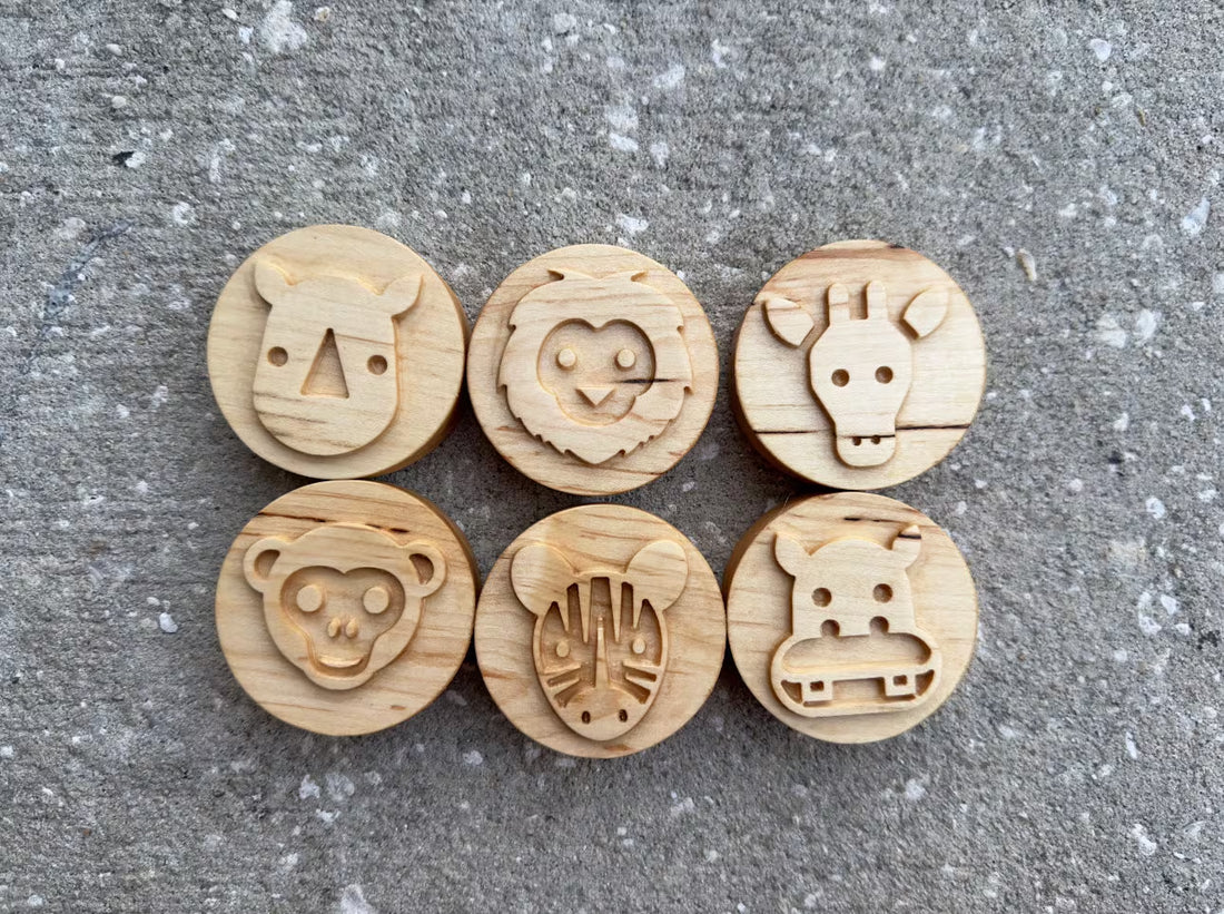 SAFARI ANIMALS maple wood playdough Stamp Set Chunky crafts kids toddlers stampers wooden playdoh play dough homeschool Montessori toy