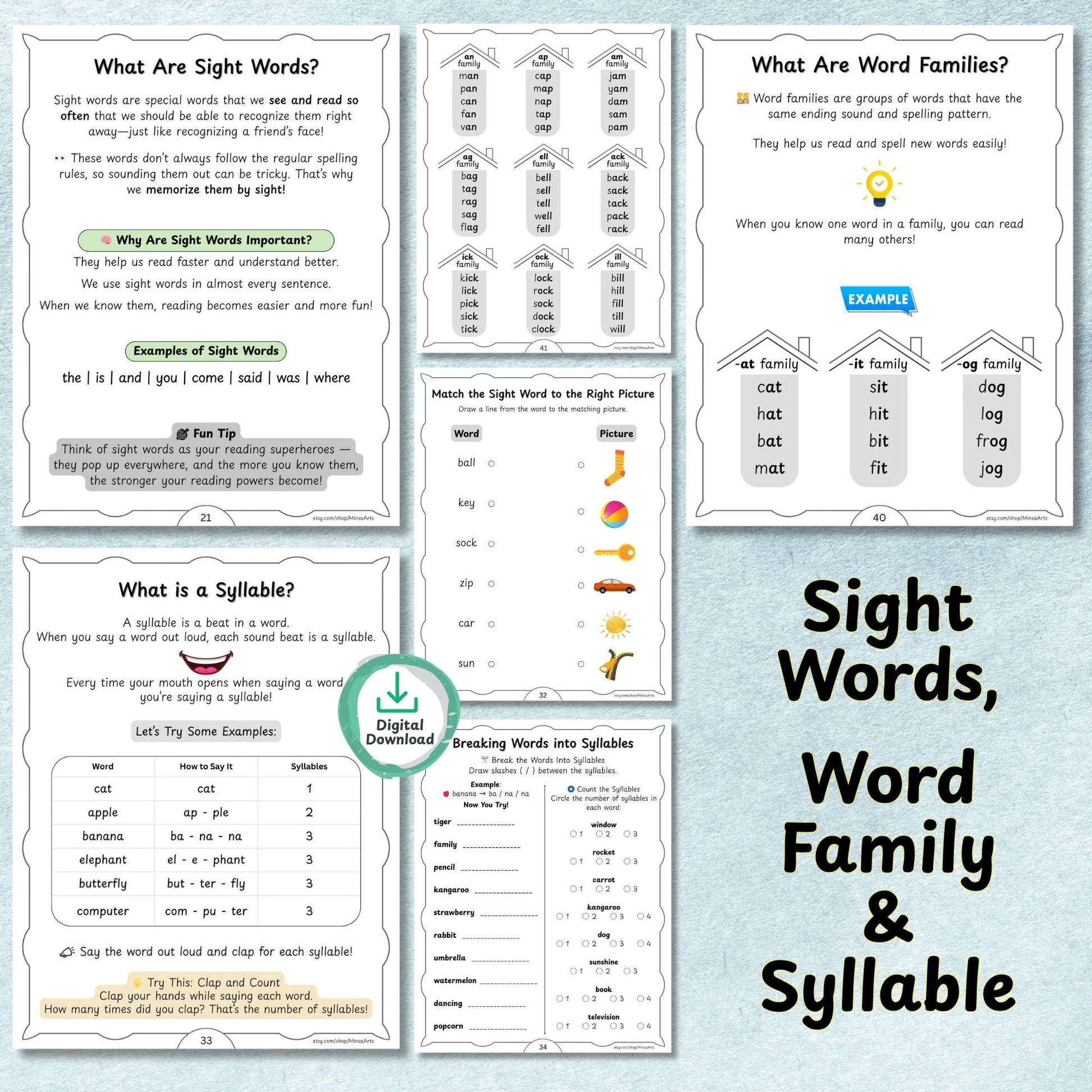 Printable Spelling Workbook for Kids | Vowels Consonants, Sight Words, Rhyming Words, Homophones | Spelling Guide | Homeschool & Classroom