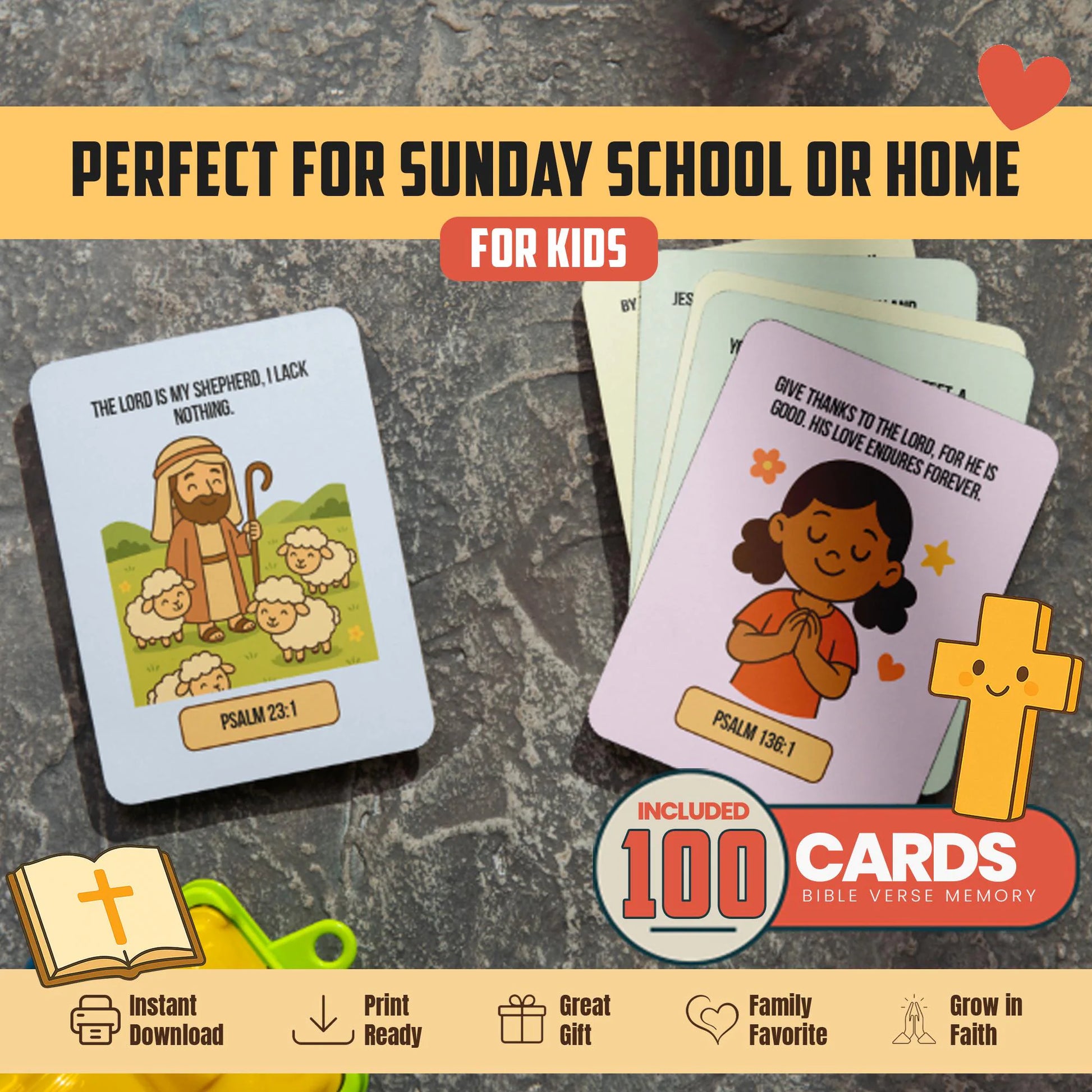 Bible Verse Memory Cards for Kids – 100 Printable Scripture Cards with Illustrations | Christian Learning Activity | Sunday School