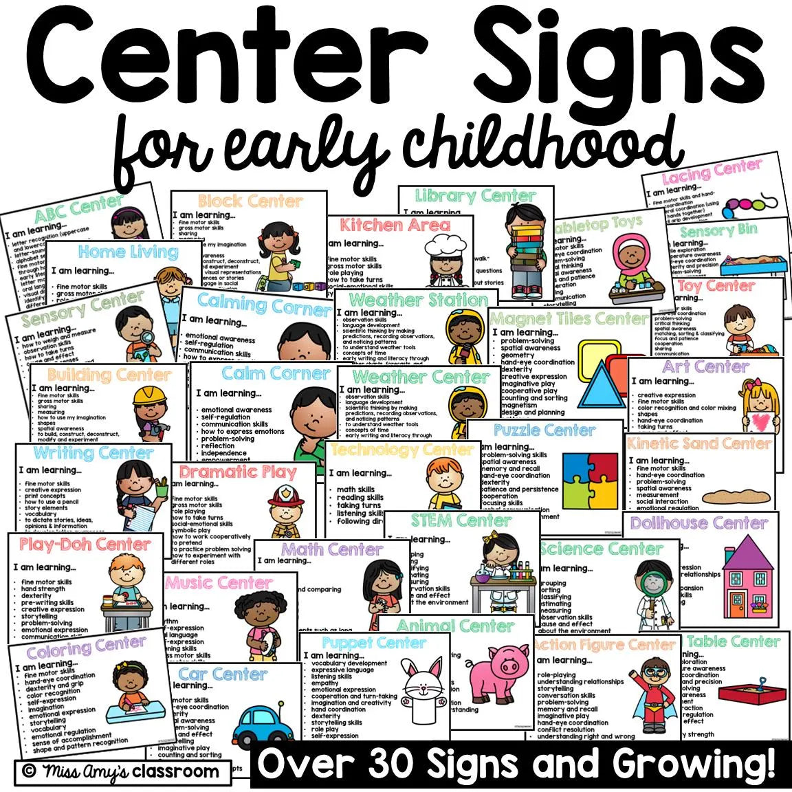 Editable Center Signs With Learning Objectives and Images | Preschool, Pre-K, Kindergarten, Daycare & Early Education Center Signs