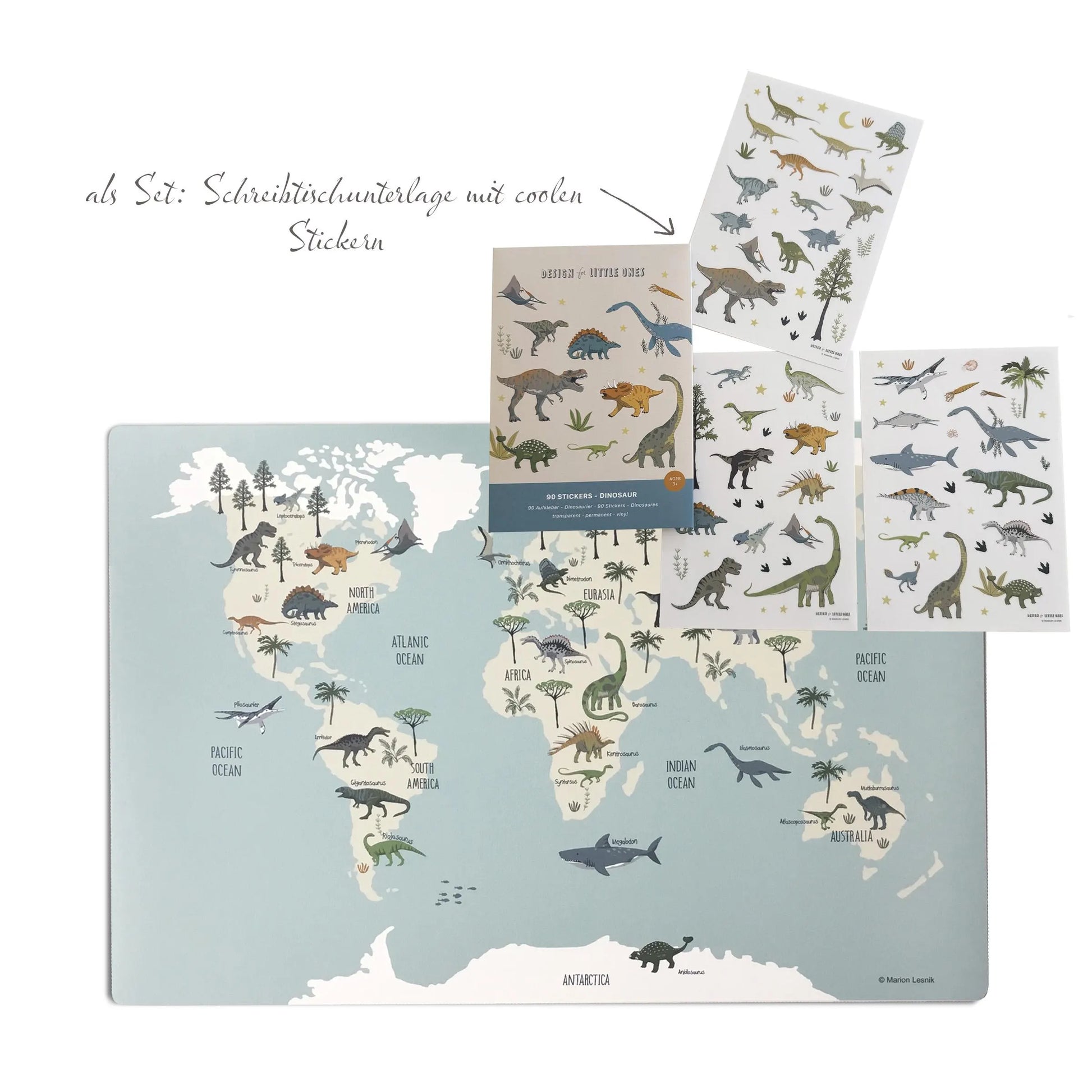 Children's desk pad dinosaur world map; washable