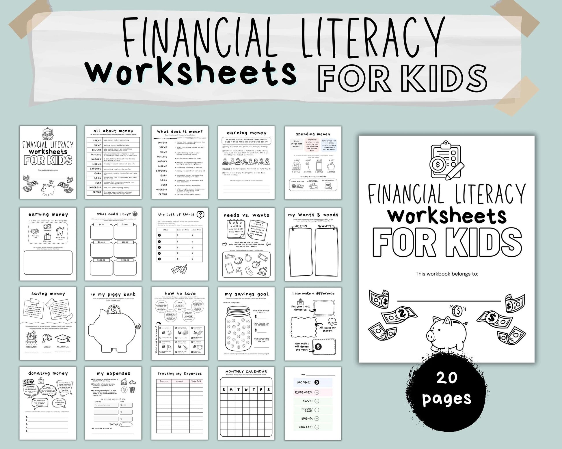 Financial Literacy Workbook for Kids, Teach Learn About Money Printable Activities for Kids, Classroom Money Activity, Allowance Tracker Kid