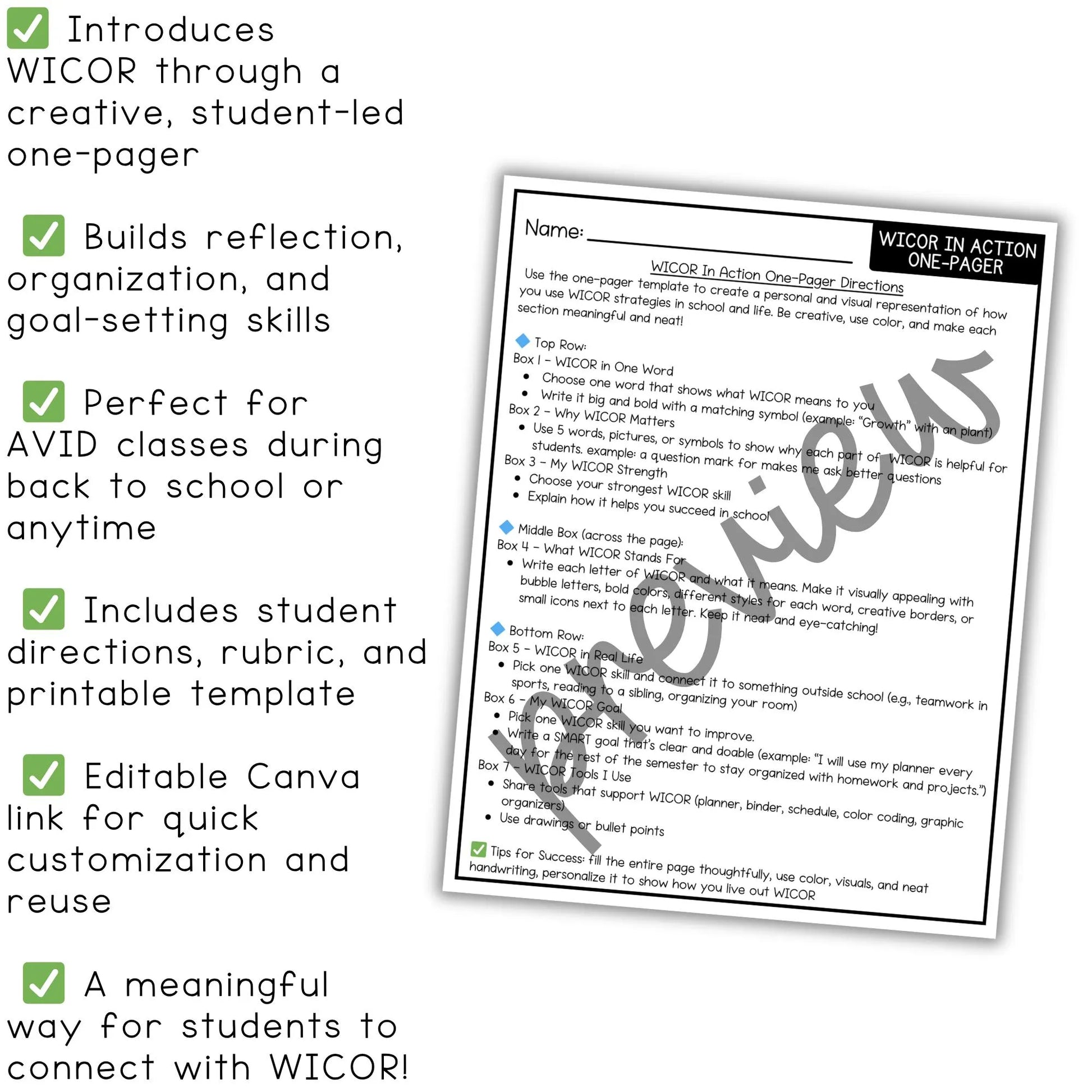 WICOR One Pager for AVID | Writing Inquiry Collaboration Activity | Editable AVID Classroom Resource