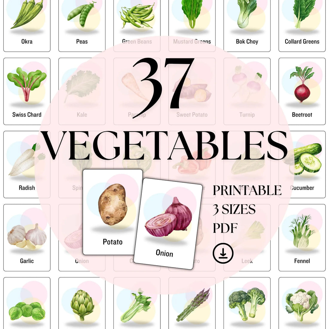 37 Vegetable Flashcards Printable, Veg Vocabulary Cards for ESL & Kids, Montessori Educational Learning Materials for Classroom Teachers PDF