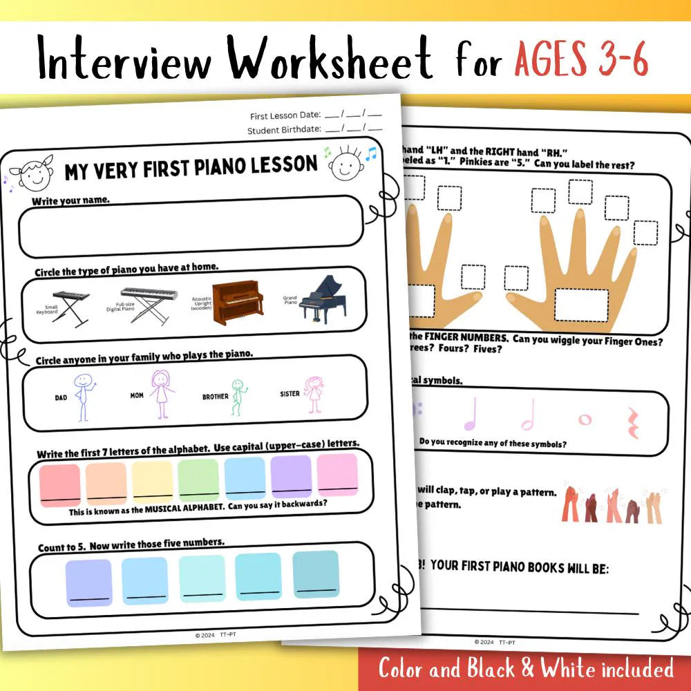 First Piano Lesson Interview Worksheet | New Piano Student Survey | 3 Versions for All Ages