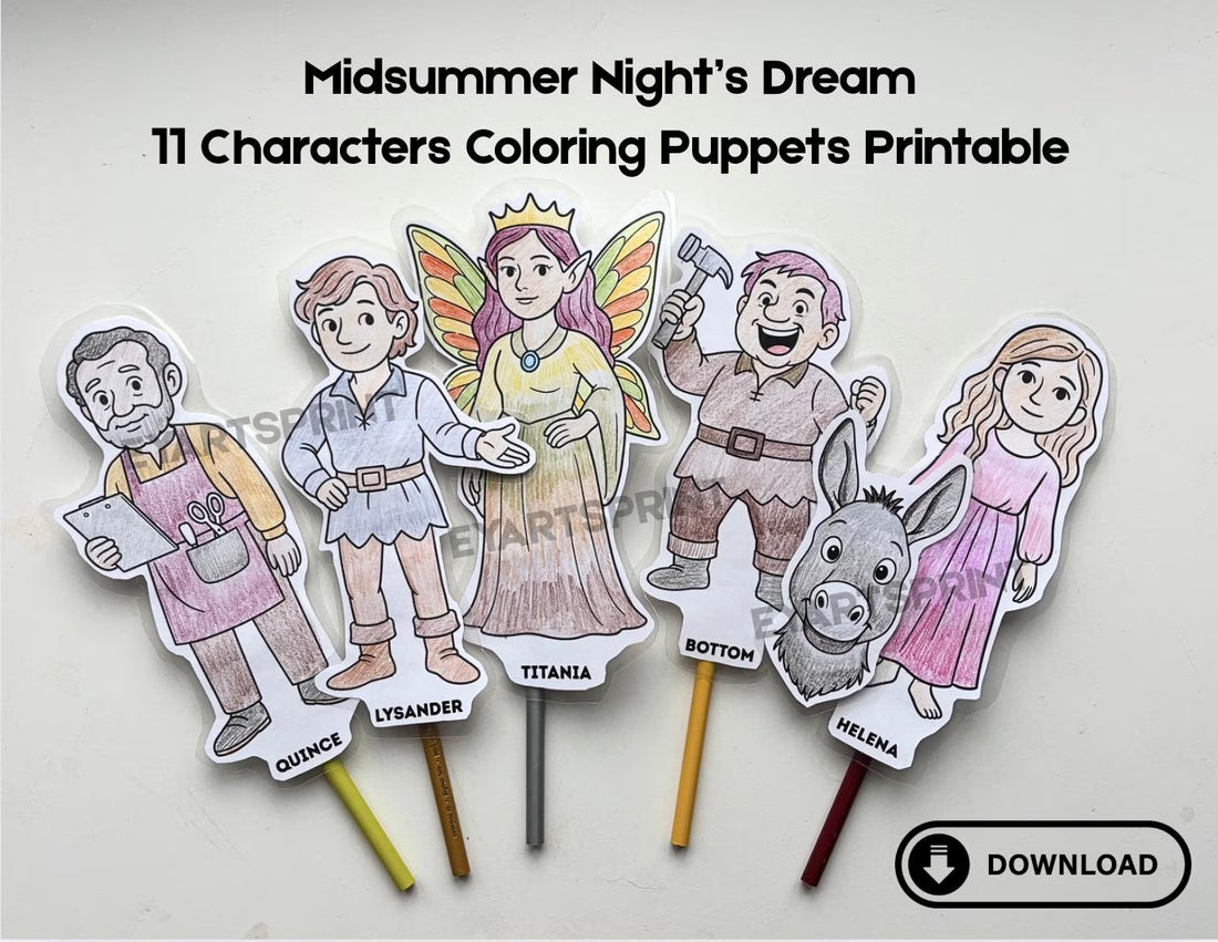 Midsummer Night’s Dream Paper Puppets ｜Shakespeare Coloring Craft , Printable Drama Activity for Kids, Classroom or Homeschool