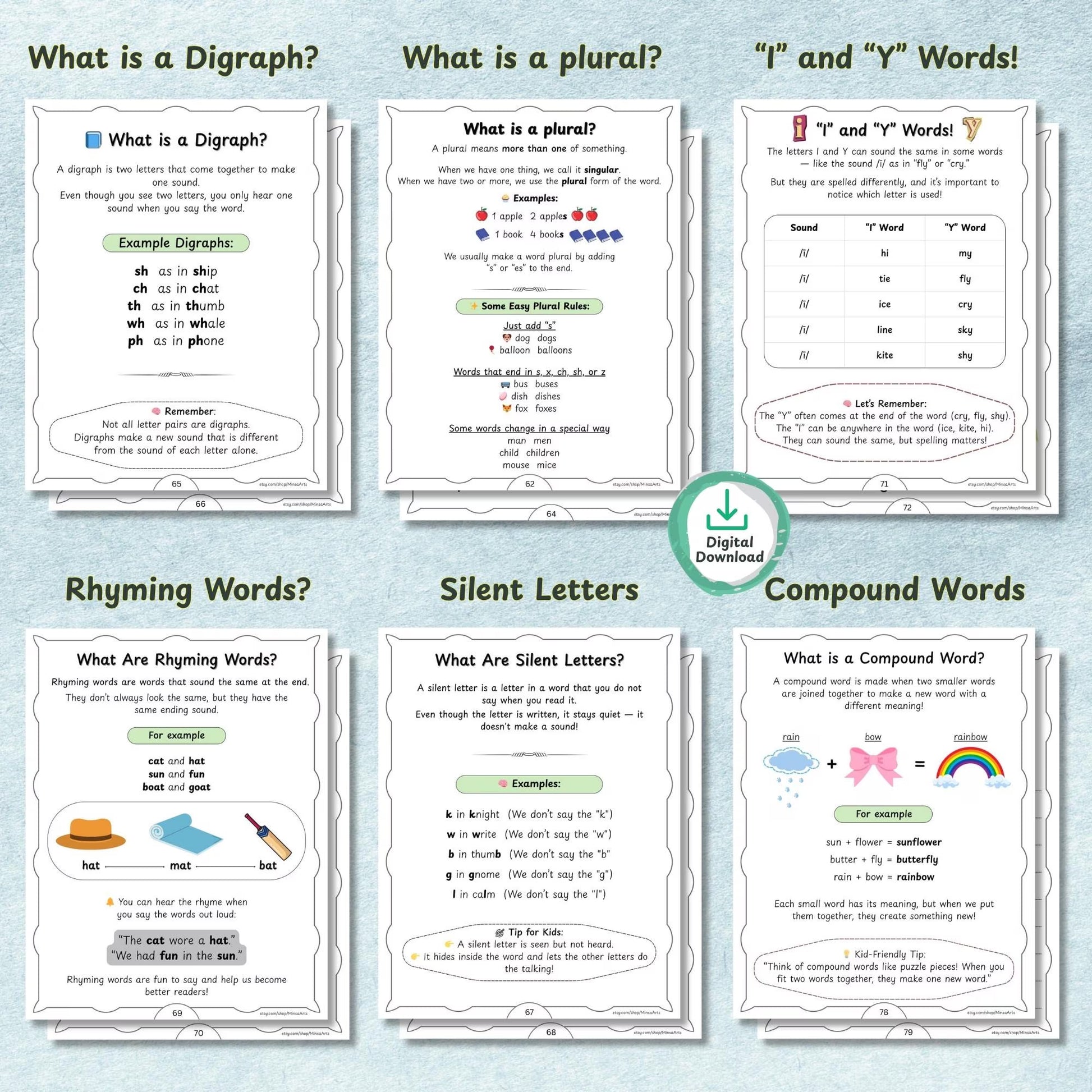 Printable Spelling Workbook for Kids | Vowels Consonants, Sight Words, Rhyming Words, Homophones | Spelling Guide | Homeschool & Classroom