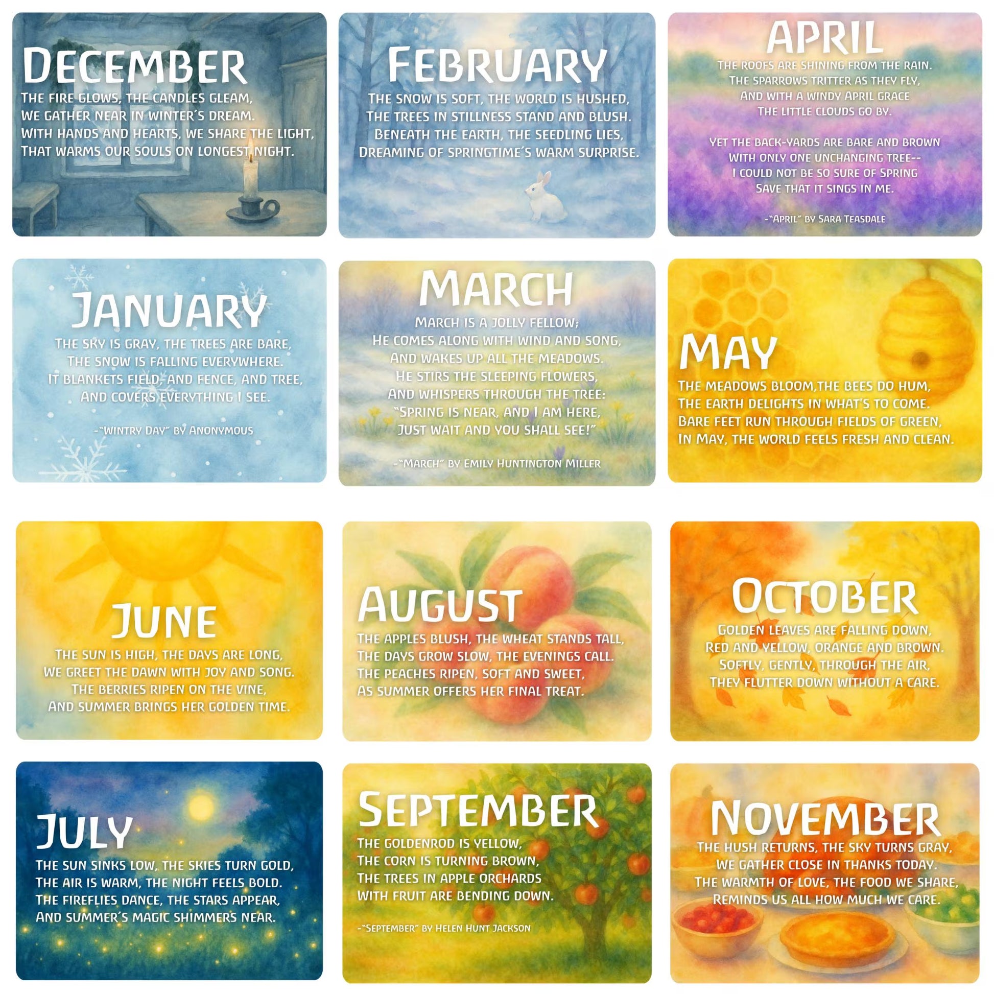Waldorf Seasonal Verse Cards by Month, digital cards, homeschool Steiner, Waldorf teacher cards, seasonal table decorations, waldorf home
