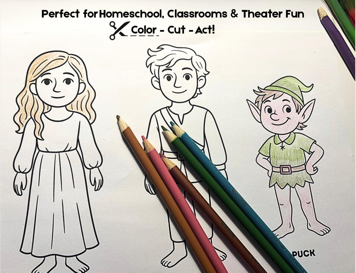 Midsummer Night’s Dream Paper Puppets ｜Shakespeare Coloring Craft , Printable Drama Activity for Kids, Classroom or Homeschool