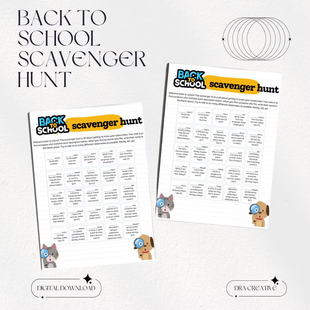 Back to School Classroom Scavenger Hunt Printable – Icebreaker Activity for Students – Find a Classmate Who Game – First Week of School PDF