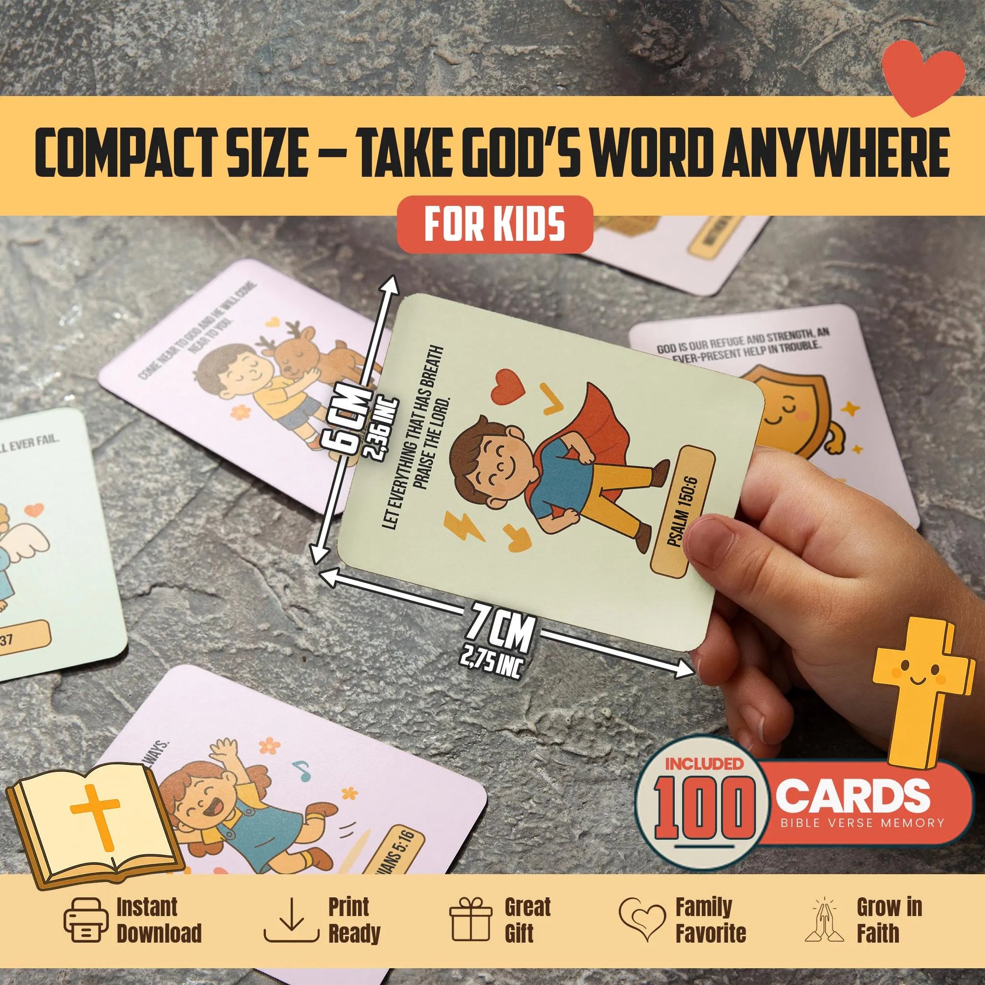 Bible Verse Memory Cards for Kids – 100 Printable Scripture Cards with Illustrations | Christian Learning Activity | Sunday School