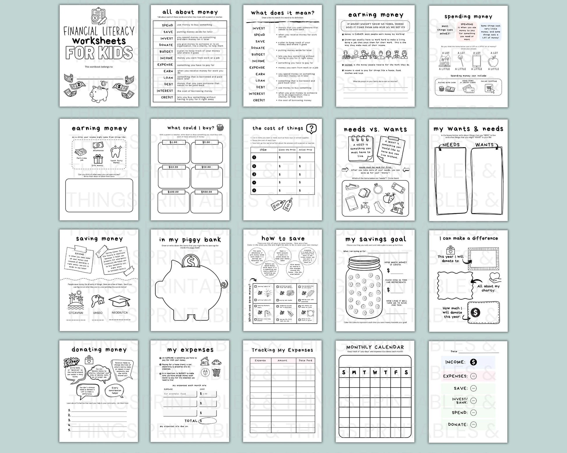 Financial Literacy Workbook for Kids, Teach Learn About Money Printable Activities for Kids, Classroom Money Activity, Allowance Tracker Kid