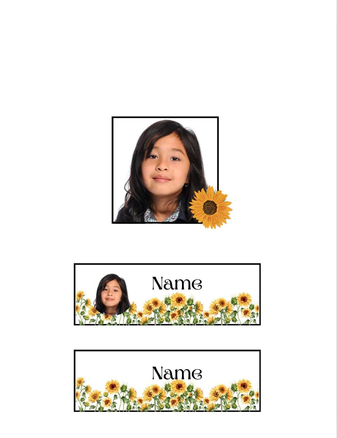 Sunflower classroom name and picture tags (Editable) Canva