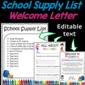Welcome Letter, Meet the Teacher Template EDITABLE, Classroom Supply List, Back to School, School Supply List, Printable