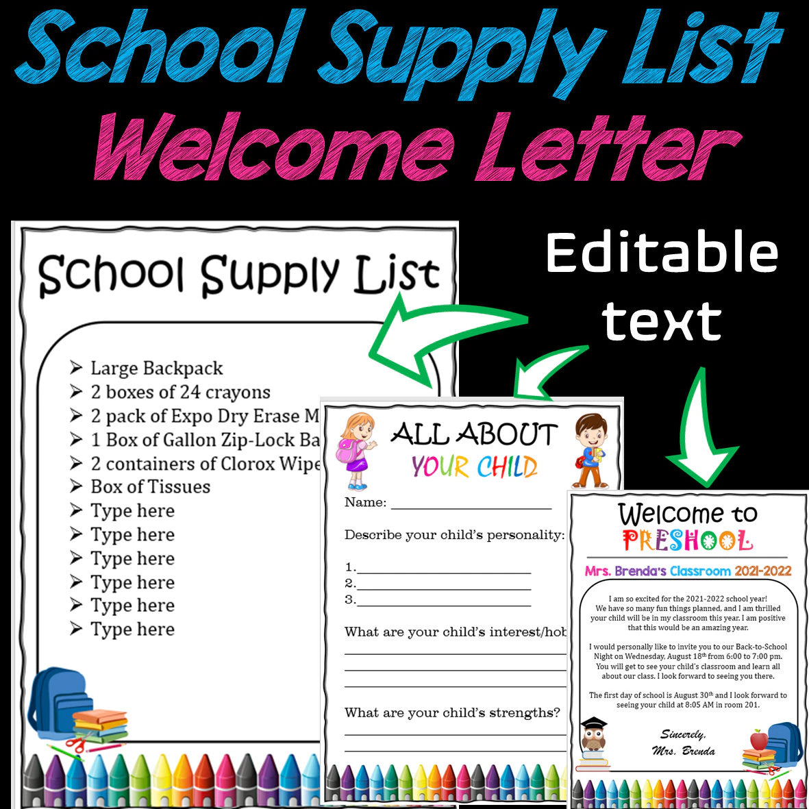 Welcome Letter, Meet the Teacher Template EDITABLE, Classroom Supply List, Back to School, School Supply List, Printable