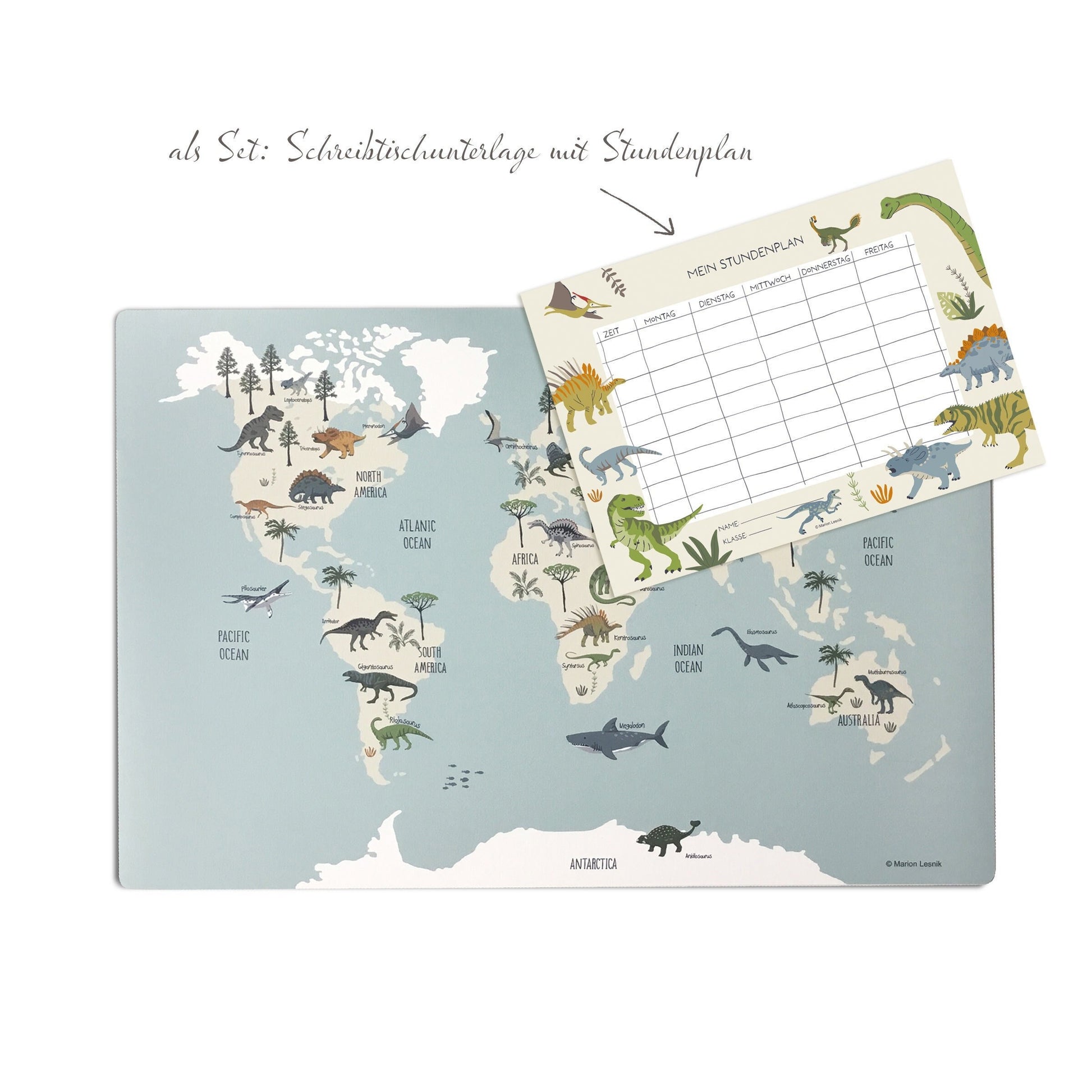 Children's desk pad dinosaur world map; washable