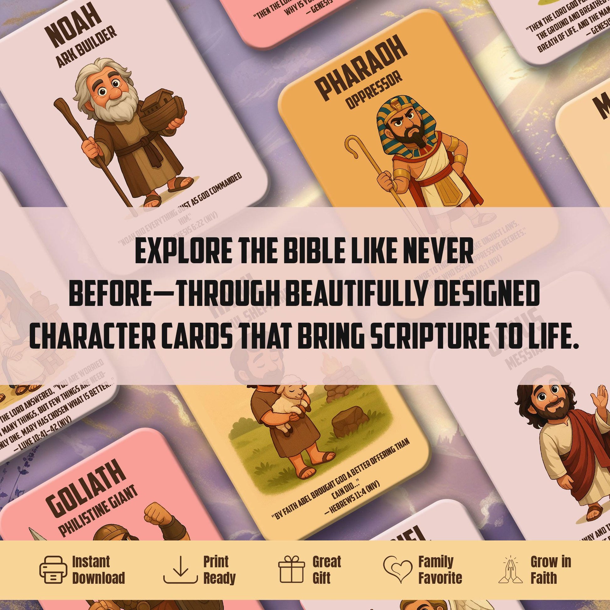 Bible Character Cards for Kids – Printable Christian Flashcards with Verses | Faith Learning Tool for Families & Sunday School