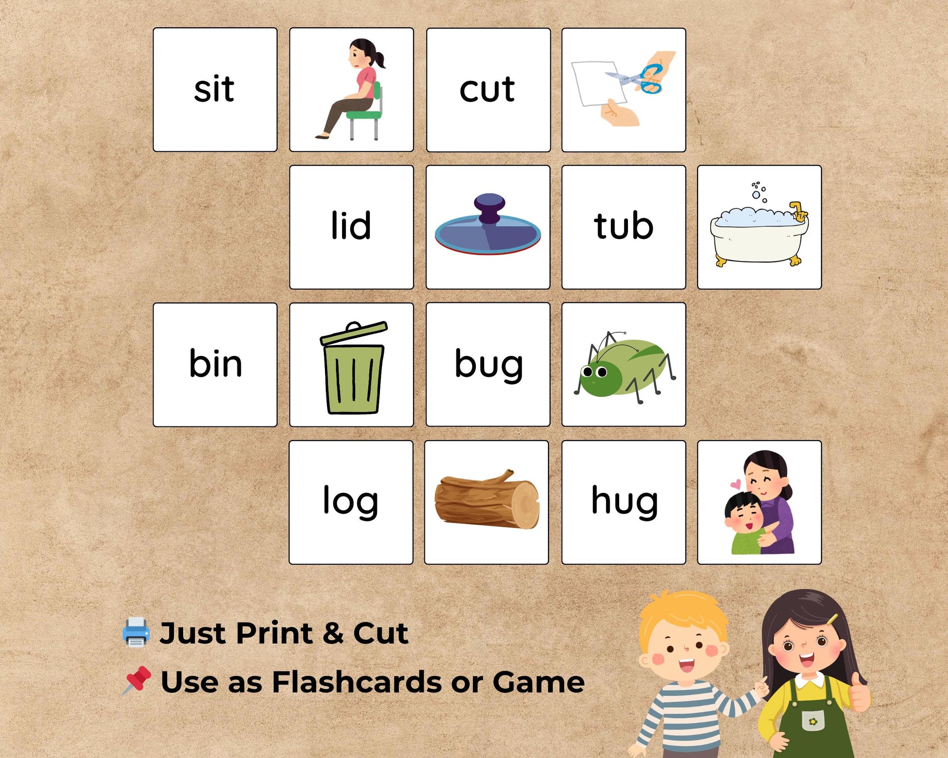 CVC Words Matching Game Cards – 50 Words + 50 Pictures – Kids Phonics Cut & Play – Kindergarten Literacy Center Printable Activity