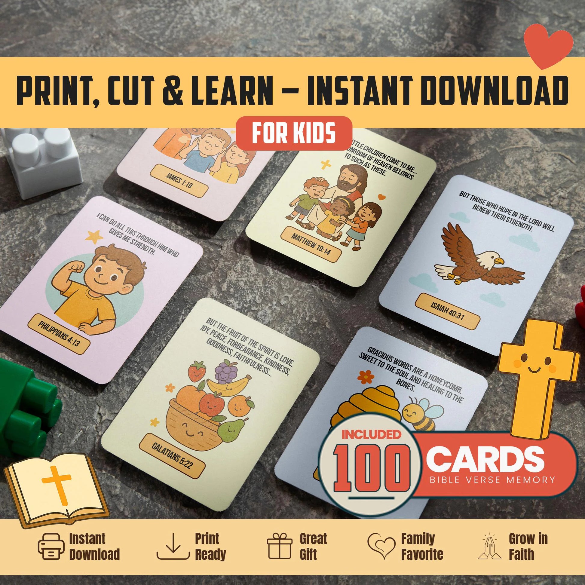 Bible Verse Memory Cards for Kids – 100 Printable Scripture Cards with Illustrations | Christian Learning Activity | Sunday School