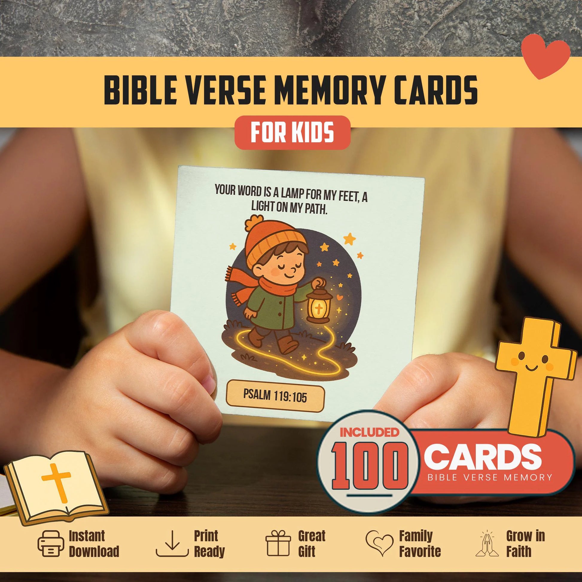 Bible Verse Memory Cards for Kids – 100 Printable Scripture Cards with Illustrations | Christian Learning Activity | Sunday School