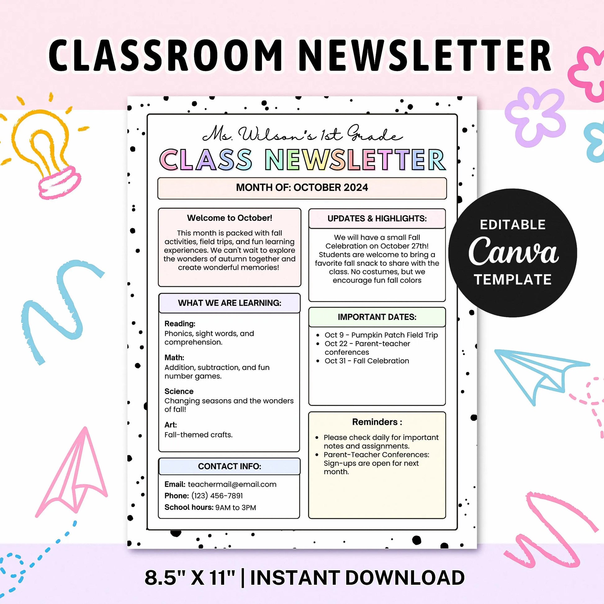 Editable Classroom Newsletter Template Printable Teachers Letter School Newsletter Elementary Preschool Kindergarten Retro Rainbow Classroom