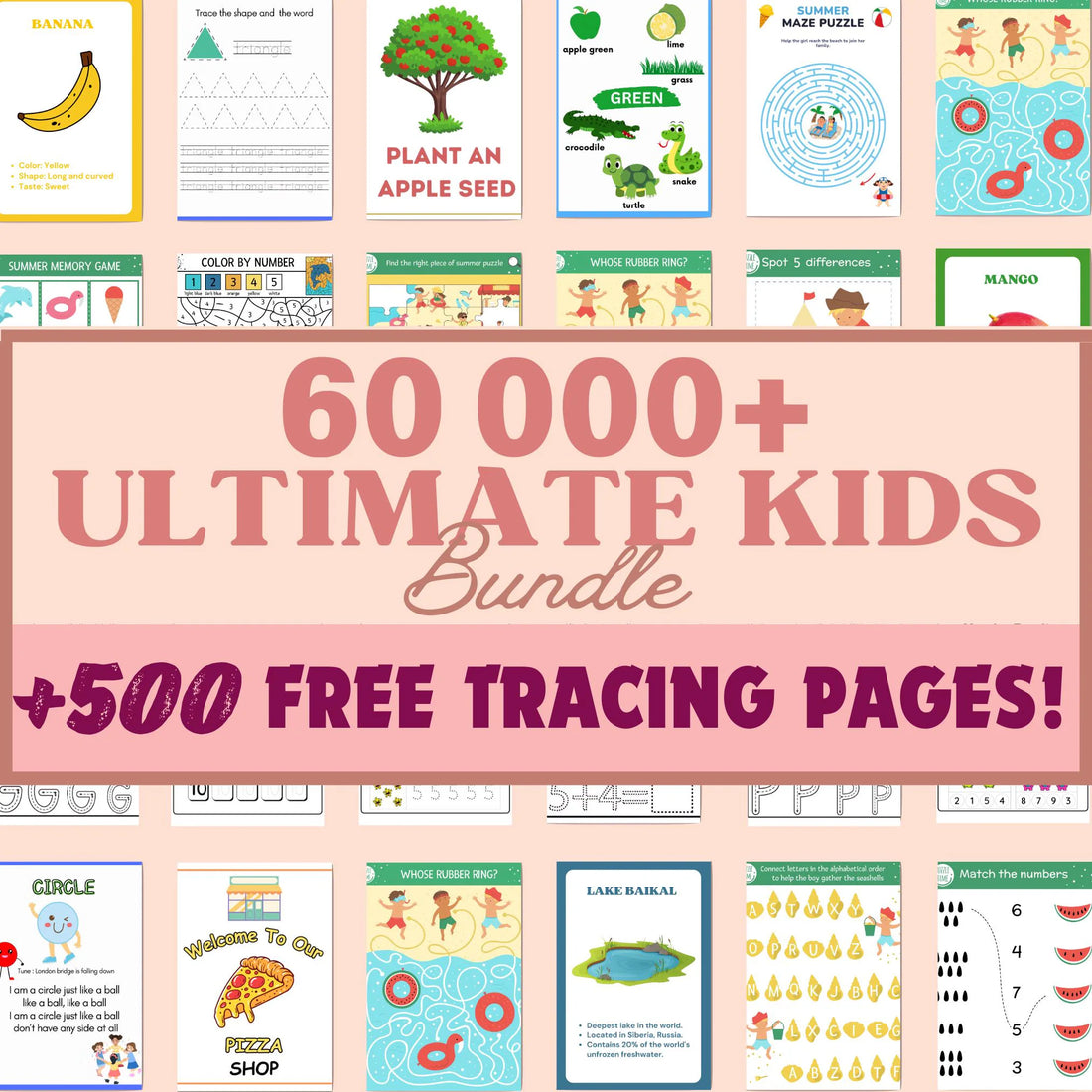 60 000+ Preschool Pre-K + Kindergarten Learning Bundle, Activity Worksheets, Alphabet, Numbers, Shapes, Colors, Coloring pages, Do a Dot