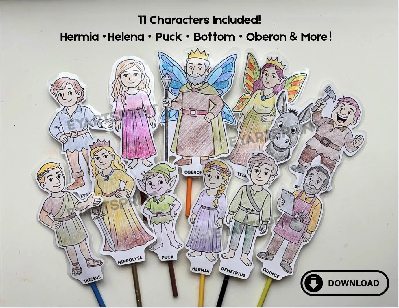 Midsummer Night’s Dream Paper Puppets ｜Shakespeare Coloring Craft , Printable Drama Activity for Kids, Classroom or Homeschool