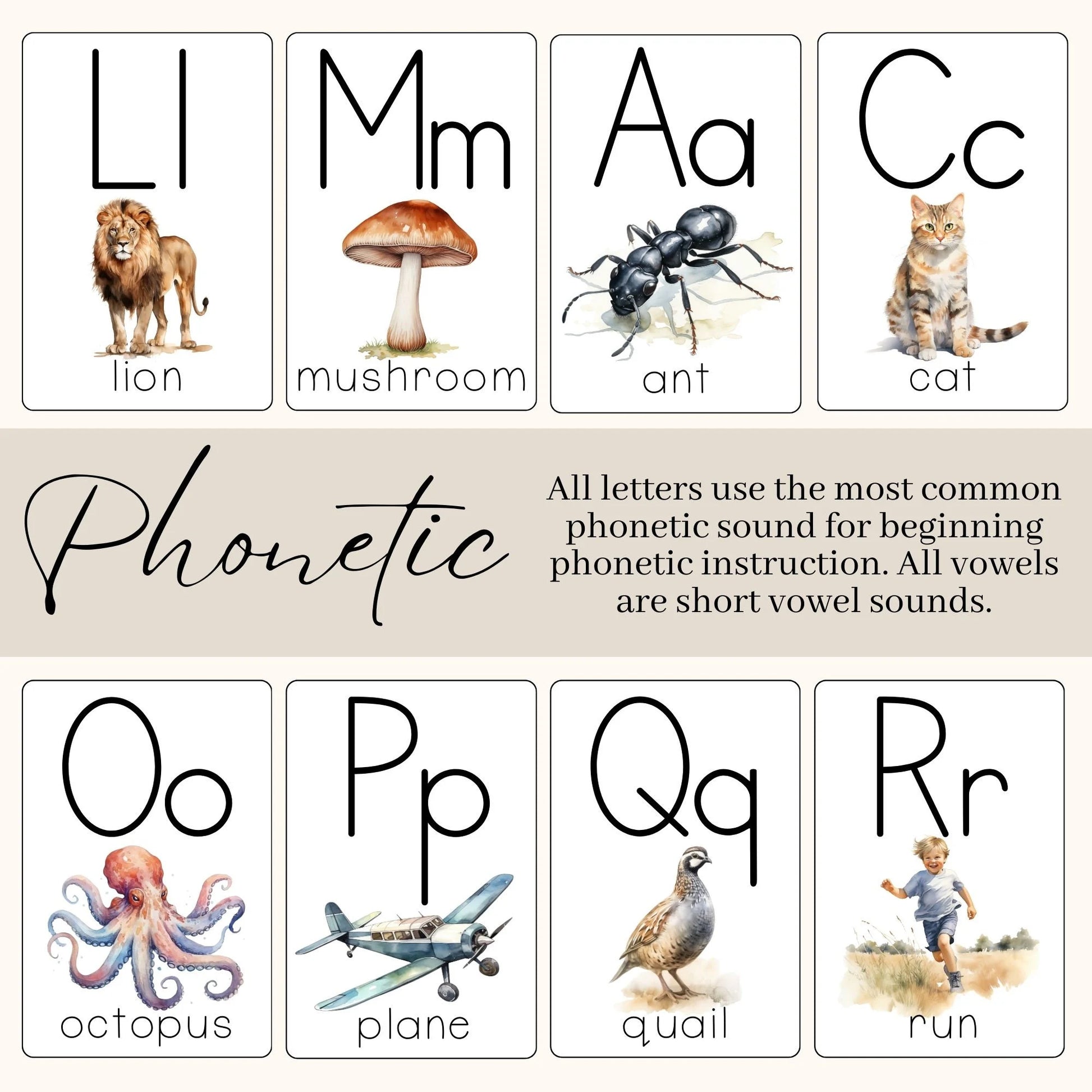 Alphabet With Pictures Flash Cards, Printable Phonetic Alphabet Montessori Cards, Preschool Alphabet Curriculum, ABC Cards Alphabet Wall Art