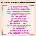 60 000+ Preschool Pre-K + Kindergarten Learning Bundle, Activity Worksheets, Alphabet, Numbers, Shapes, Colors, Coloring pages, Do a Dot