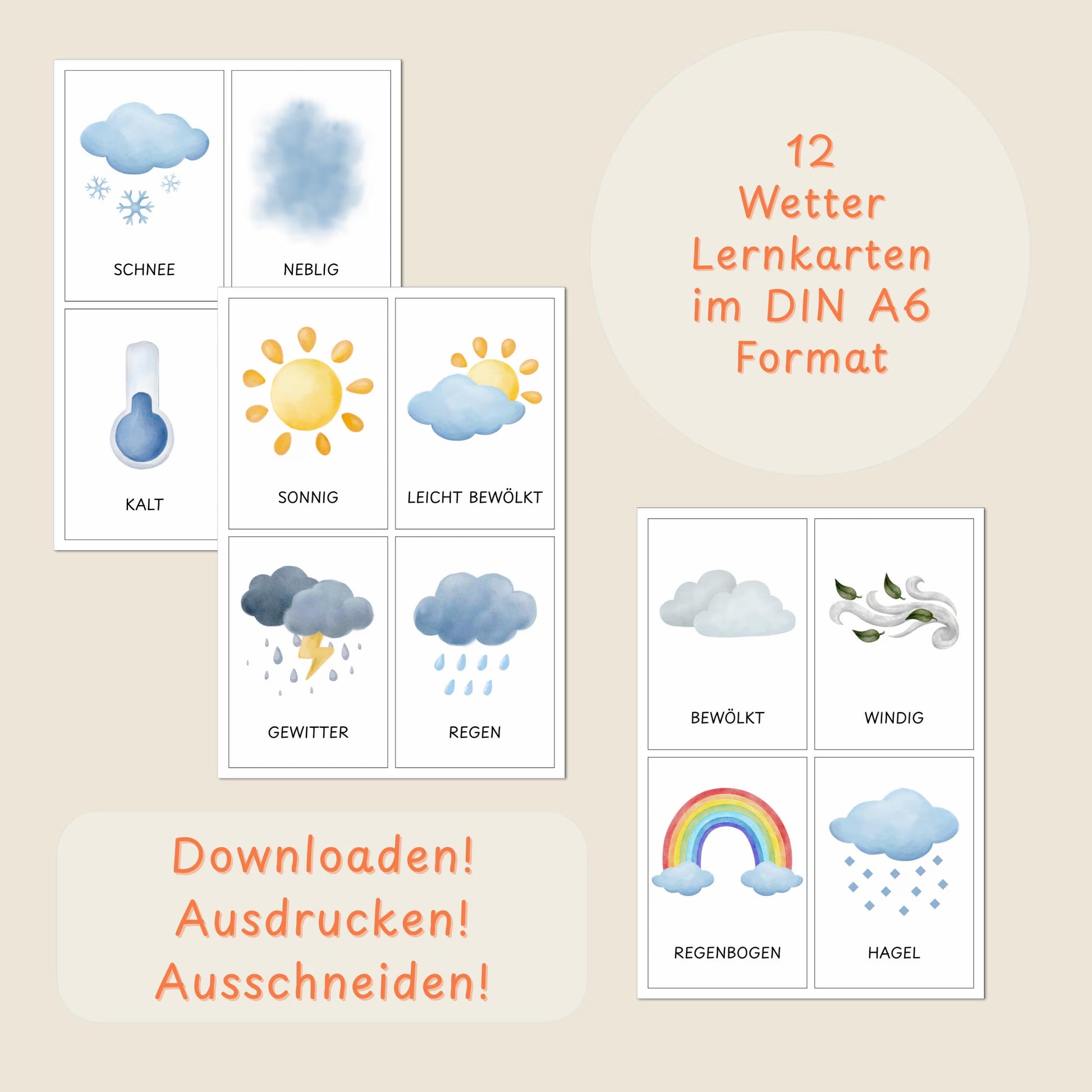 Wetterkarten Kita Lernkarten Vorschule Kindergarten | Wetter lernen Kinder | Digitale Datei zum Ausdrucken | Montessori Materialien