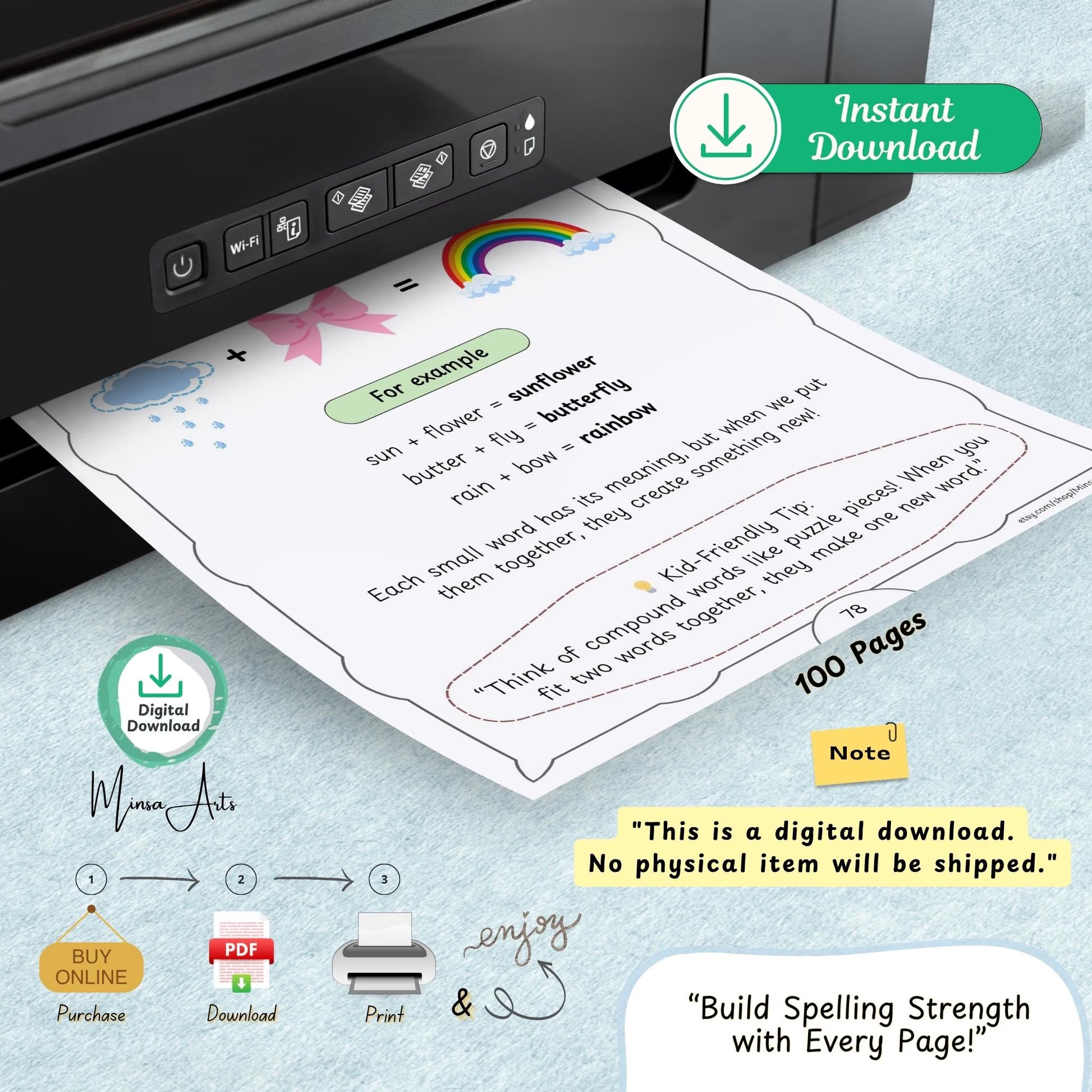 Printable Spelling Workbook for Kids | Vowels Consonants, Sight Words, Rhyming Words, Homophones | Spelling Guide | Homeschool & Classroom