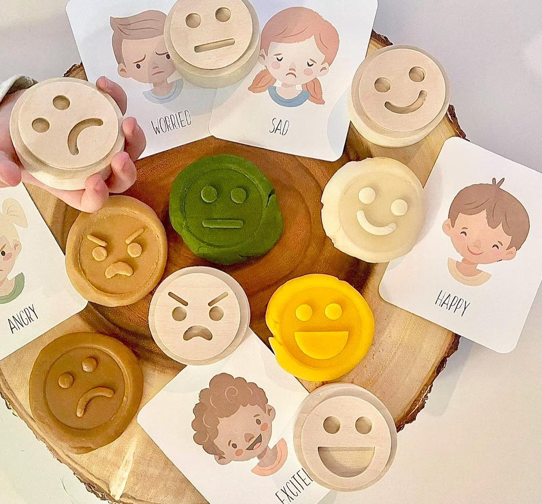 EMOTIONS Cherry wood play dough STAMP SET playdough crafts kids toddlers Feelings clay toy kit stampers homeschool Montessori lesson