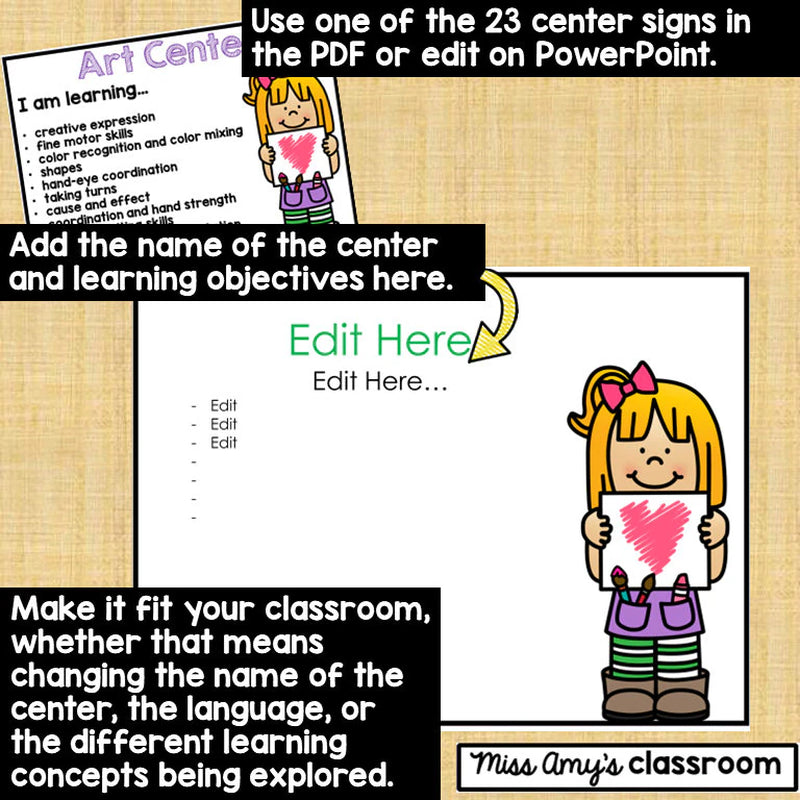 Editable Center Signs With Learning Objectives and Images | Preschool, Pre-K, Kindergarten, Daycare & Early Education Center Signs