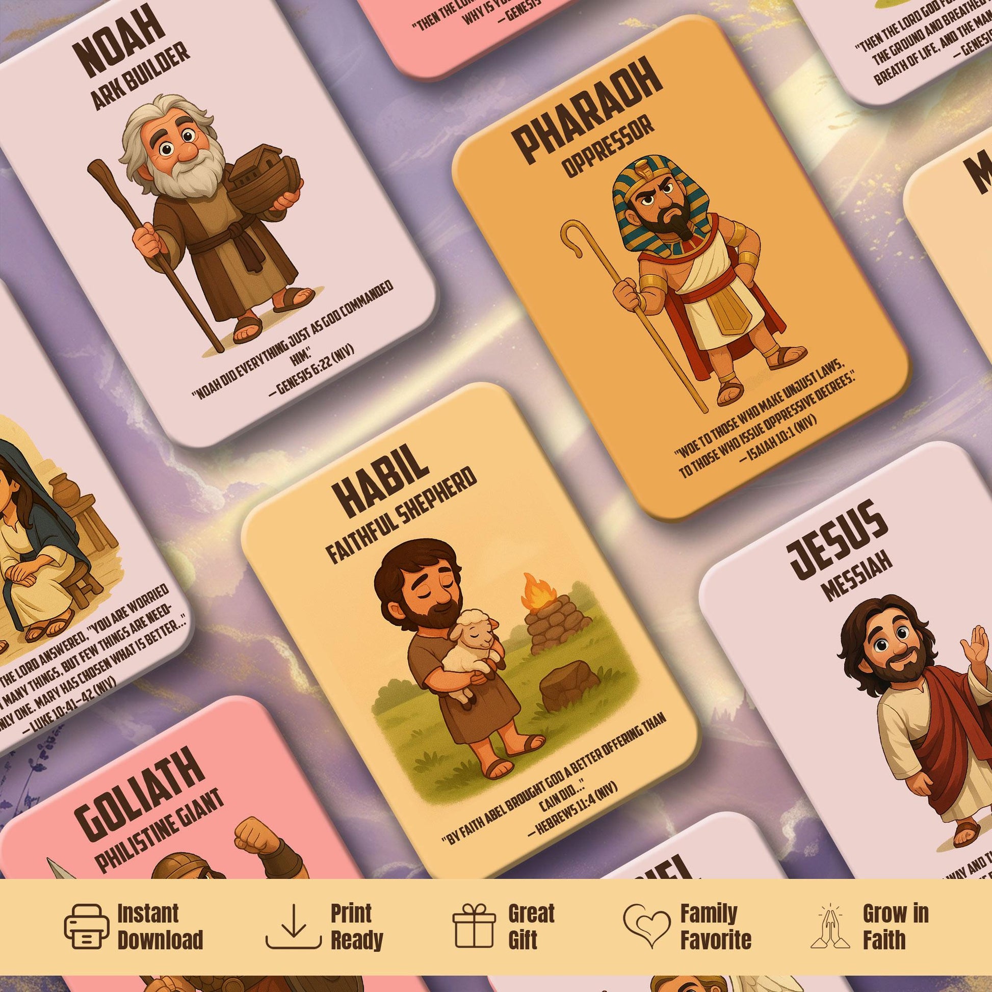 Bible Character Cards for Kids – Printable Christian Flashcards with Verses | Faith Learning Tool for Families & Sunday School