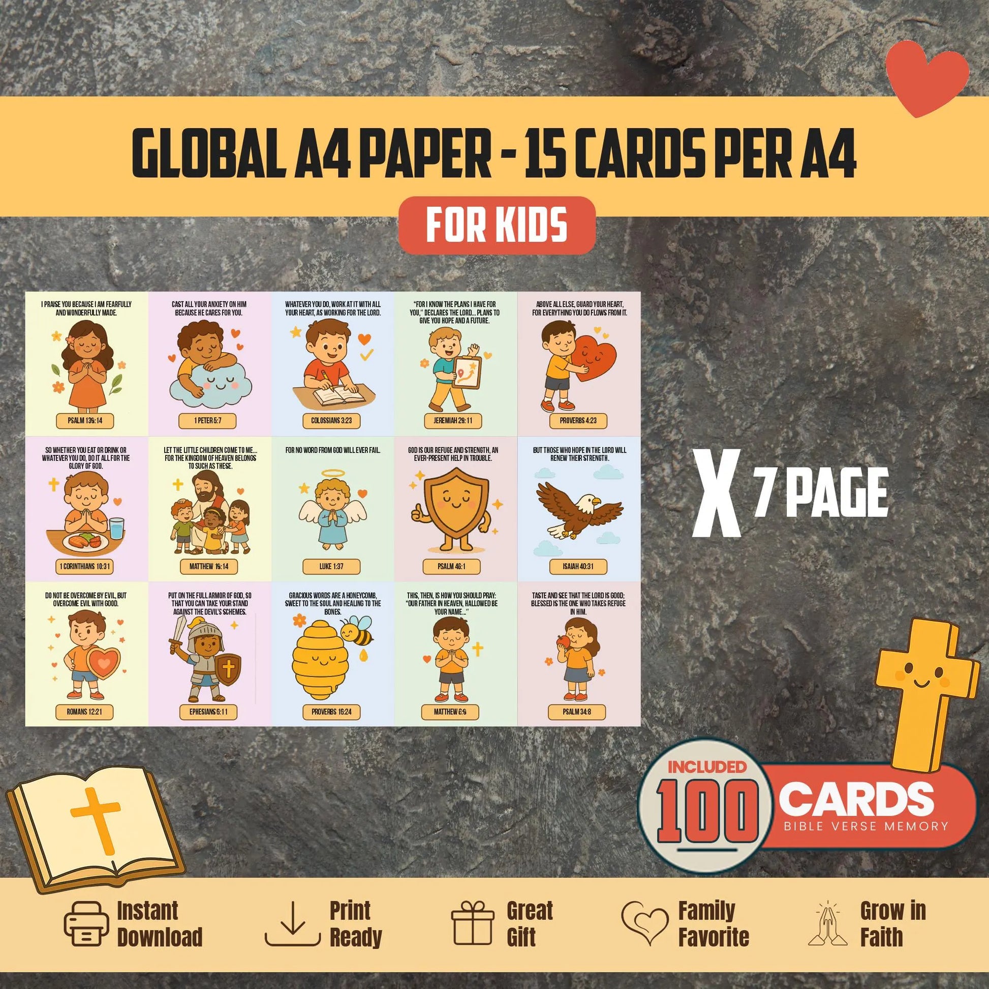 Bible Verse Memory Cards for Kids – 100 Printable Scripture Cards with Illustrations | Christian Learning Activity | Sunday School