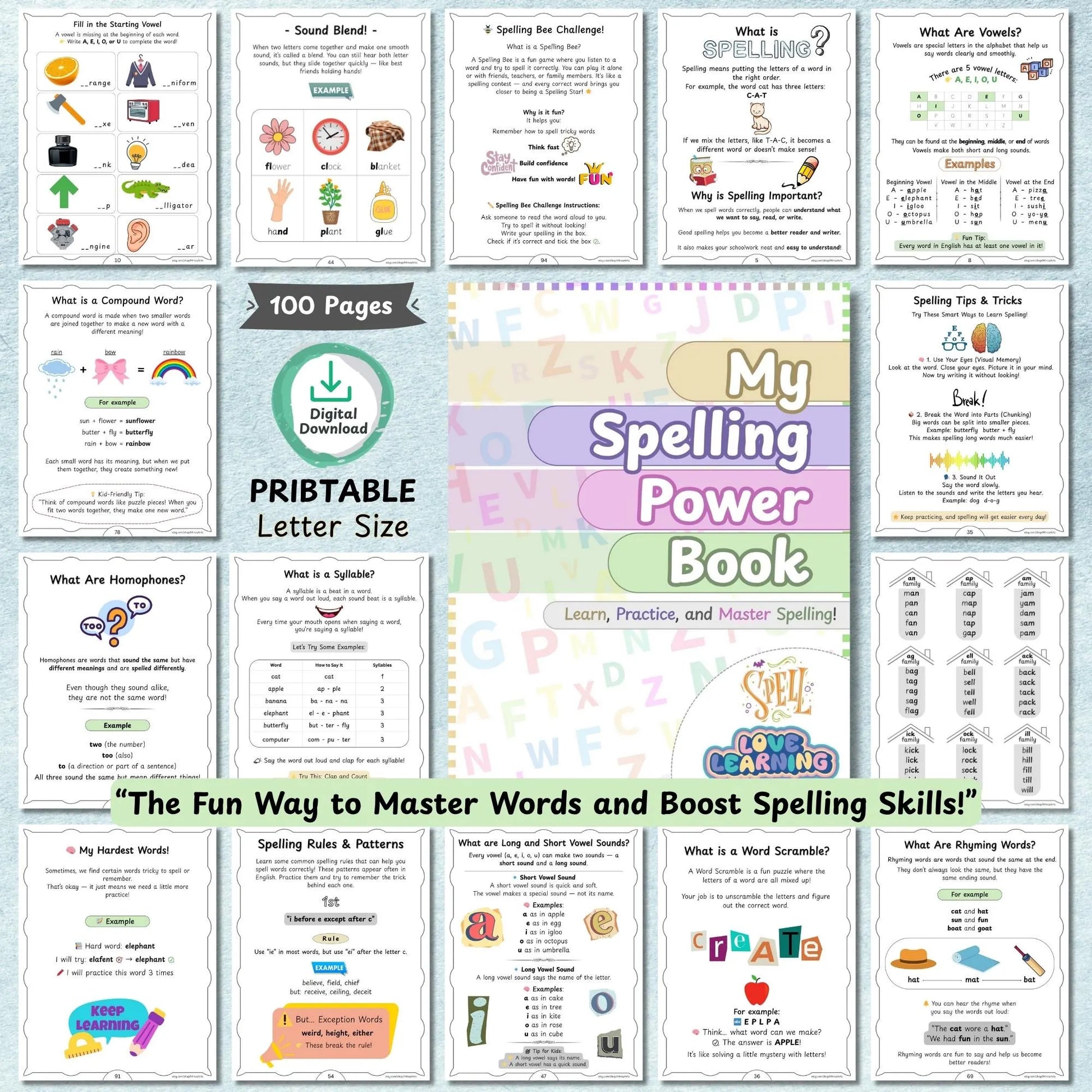 Printable Spelling Workbook for Kids | Vowels Consonants, Sight Words, Rhyming Words, Homophones | Spelling Guide | Homeschool & Classroom