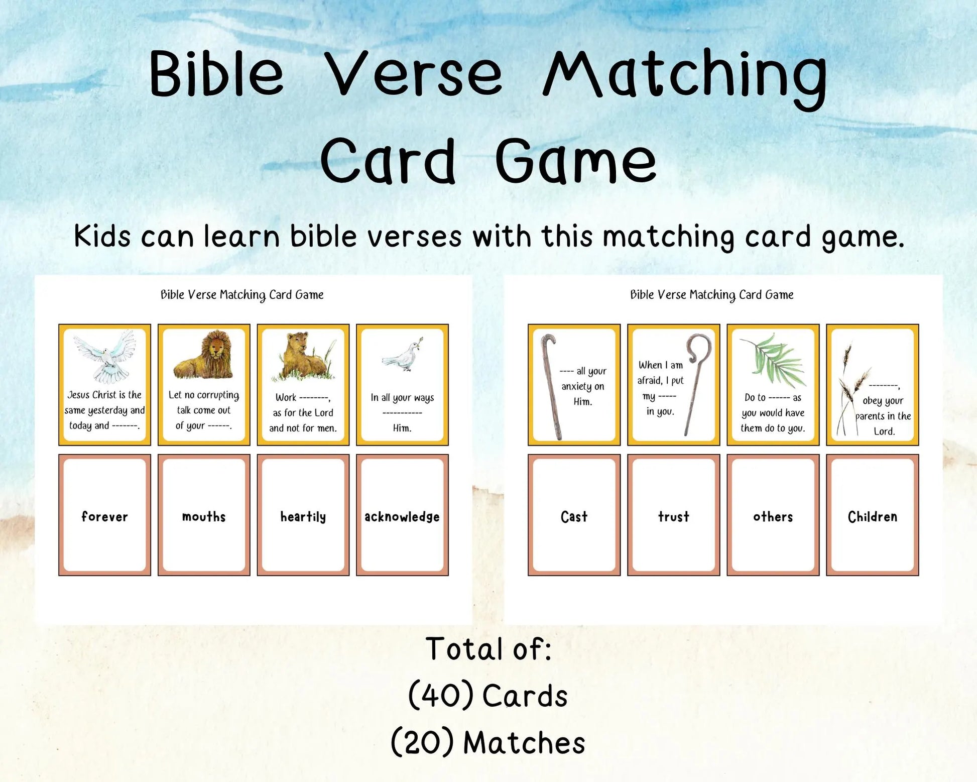Bible Verse Matching Card Game, Kids Bible Verses Activity, VBS Printables, Sunday School Bible Verse Learning, Kids Bible Games