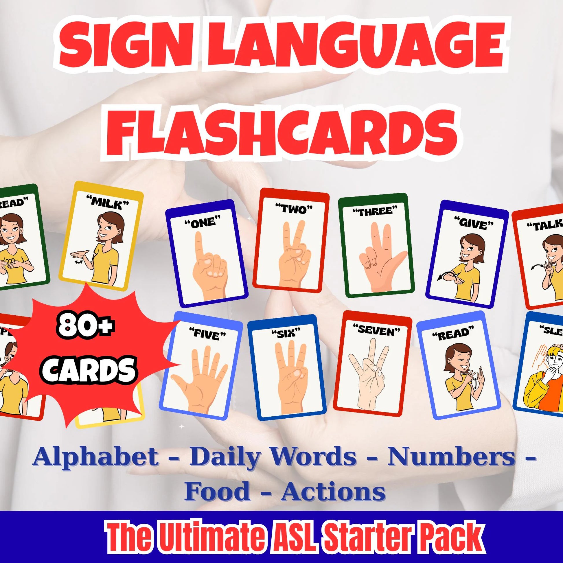 Sign Language Flashcards, ASL Alphabet, Daily Words and Numbers, Printable Beginner PDF Set, Learn American Sign Language for Kids