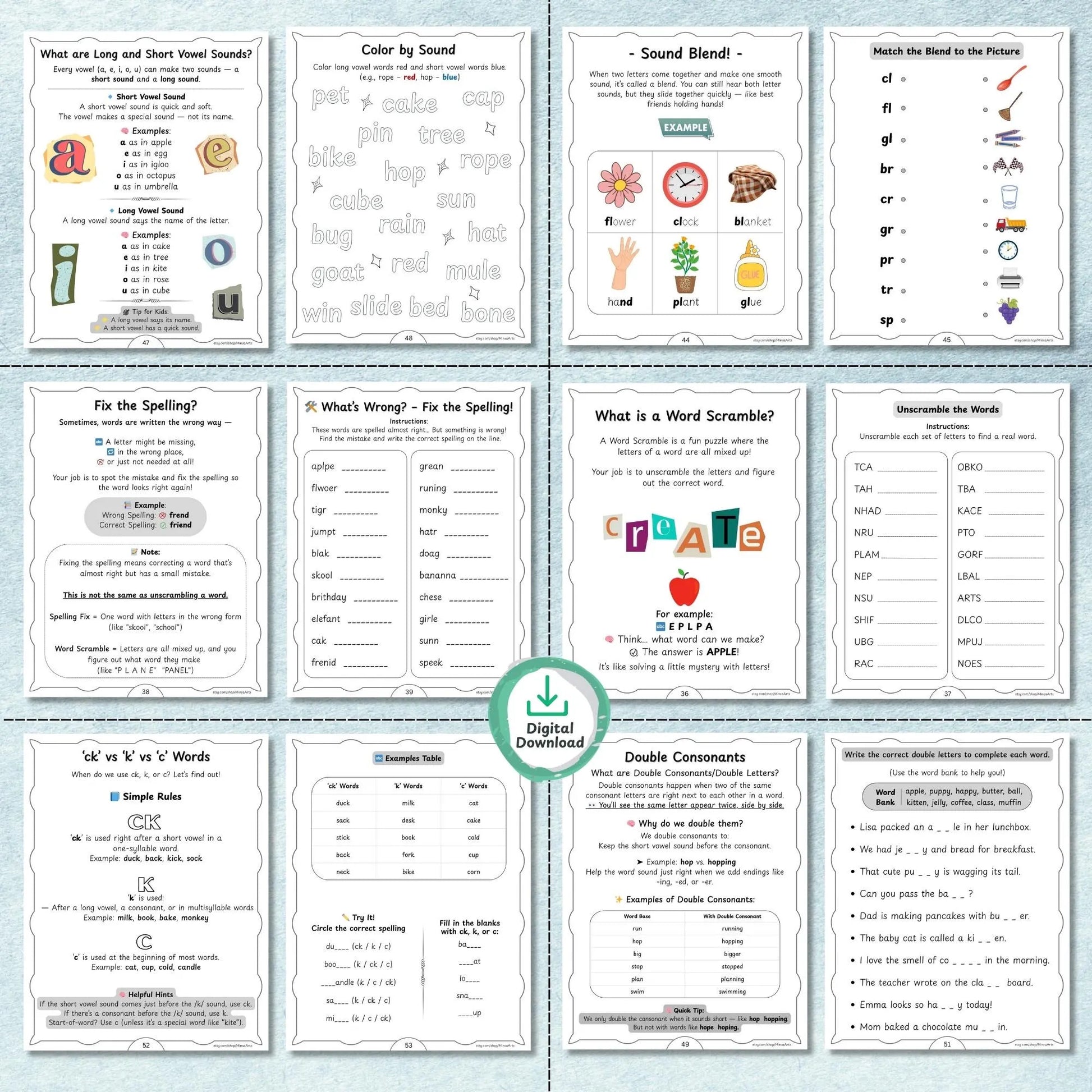 Printable Spelling Workbook for Kids | Vowels Consonants, Sight Words, Rhyming Words, Homophones | Spelling Guide | Homeschool & Classroom