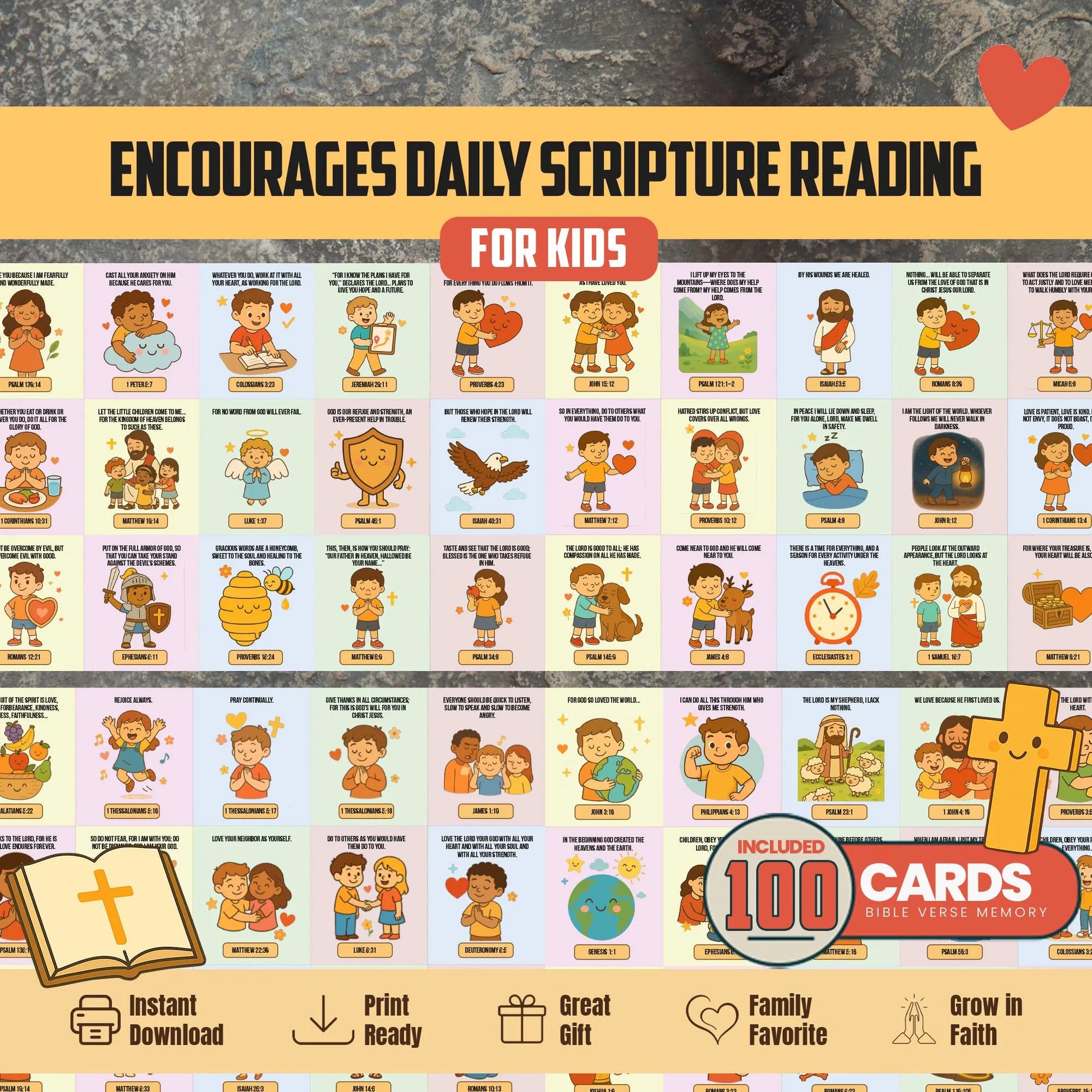 Bible Verse Memory Cards for Kids – 100 Printable Scripture Cards with Illustrations | Christian Learning Activity | Sunday School