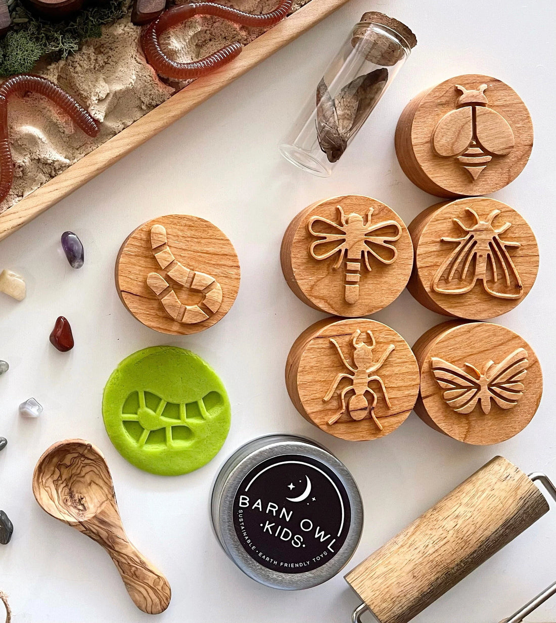 BUGS Cherry wood play dough STAMP SET Chunky playdough kids toddlers nature toy kit stampers homeschool lesson bee spring lifecycle insect