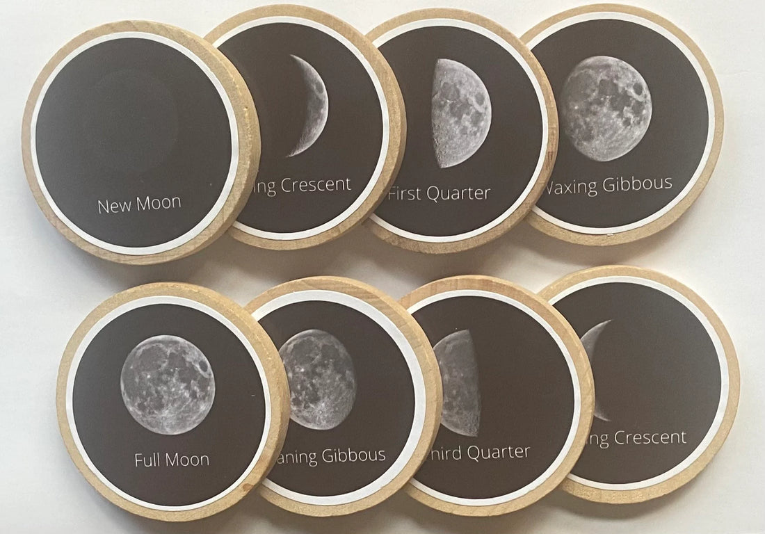 Phases of the Moon Wooden Coins + Magnets - Preschool + Homeschool Science - Set of 8 Wooden 2" Coins-Montessori, Optional Memory Game